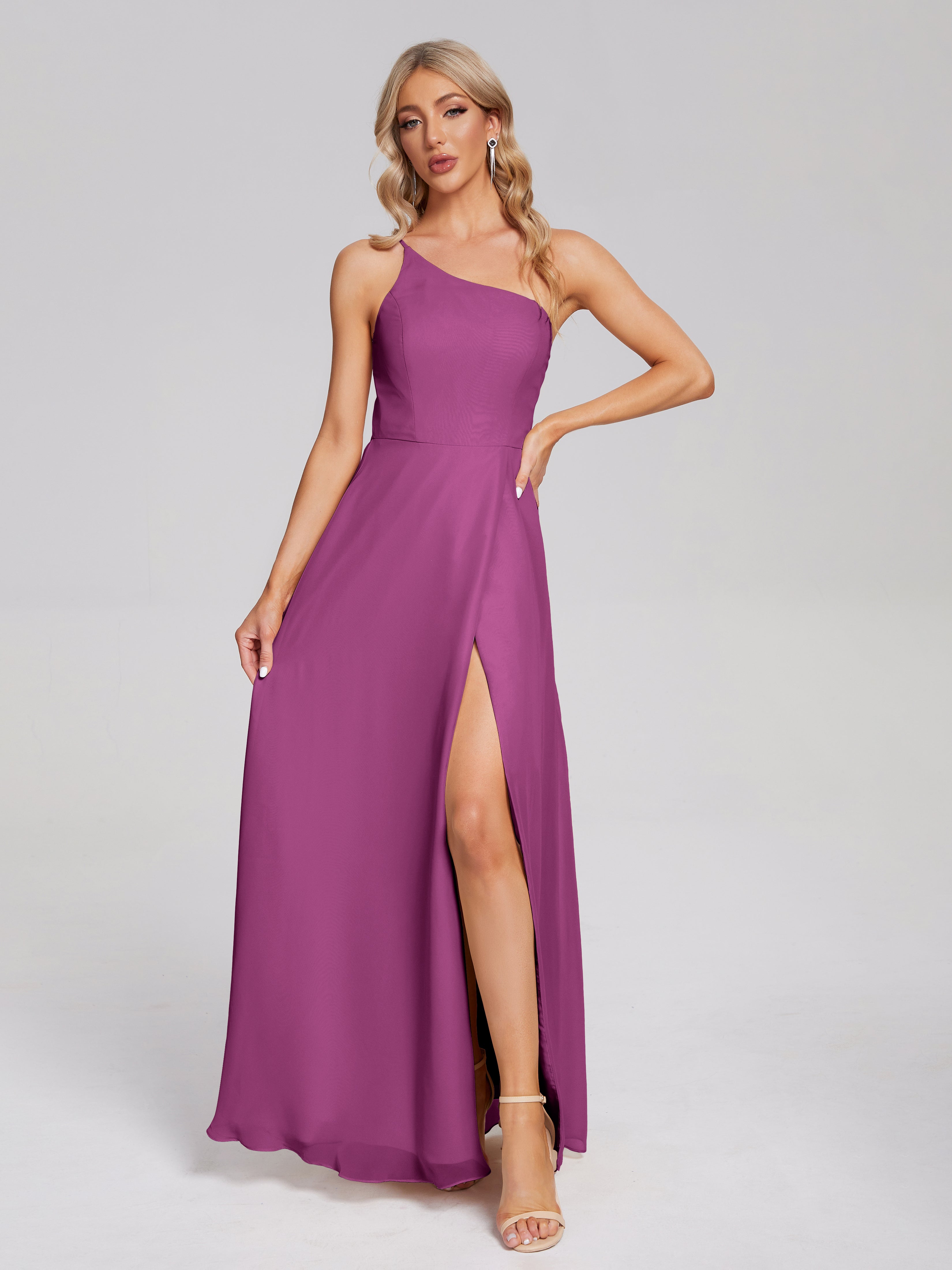 Robes De Demoiselle D'Honneur Orchidée Fendue Seule-Épaule Simple Mousseline Robes Demoiselle D'Honneur