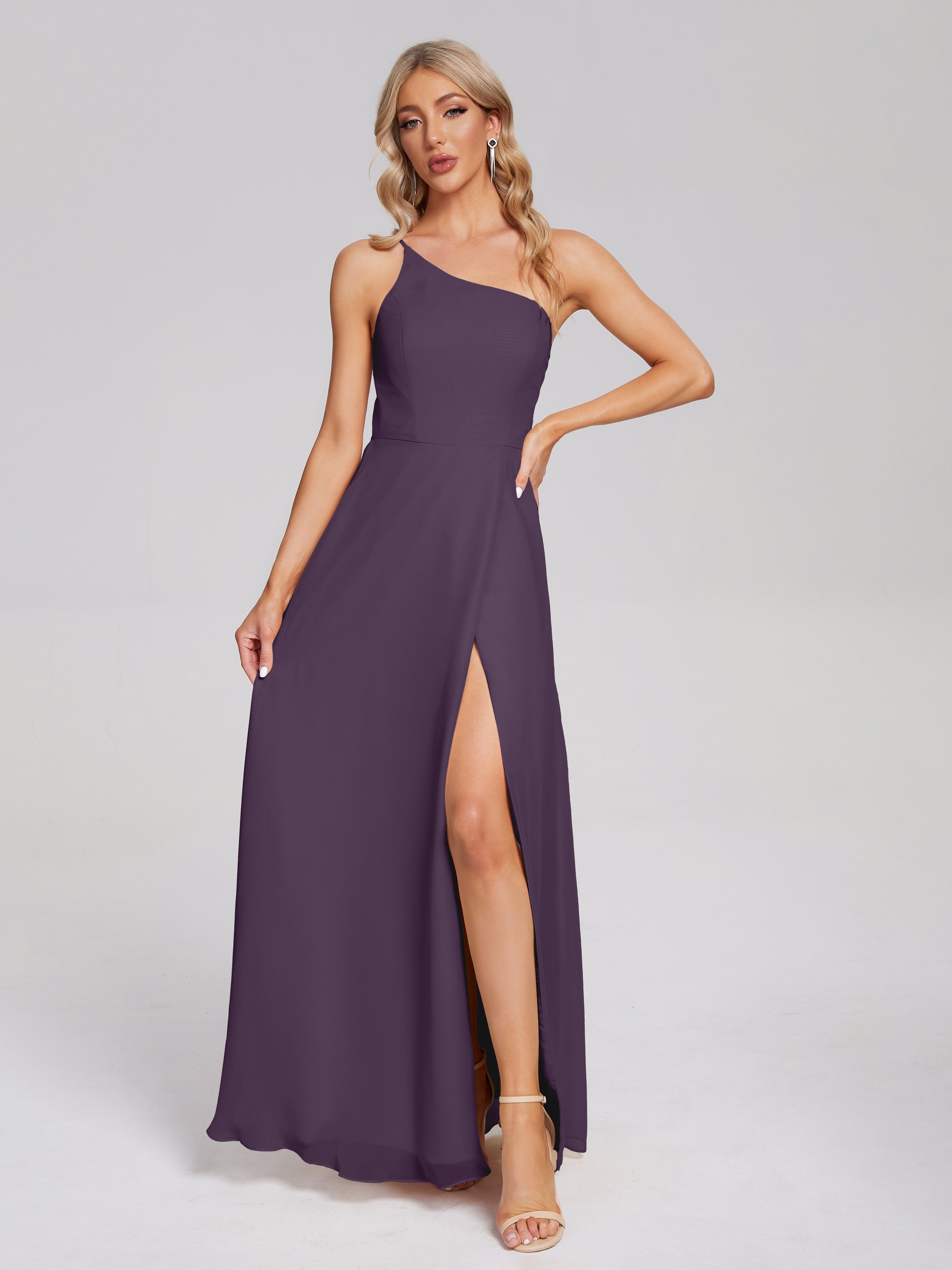 Robe Demoiselle D Honneur Plume Fendue Seule-Épaule Simple Mousseline Robes Demoiselle D'Honneur