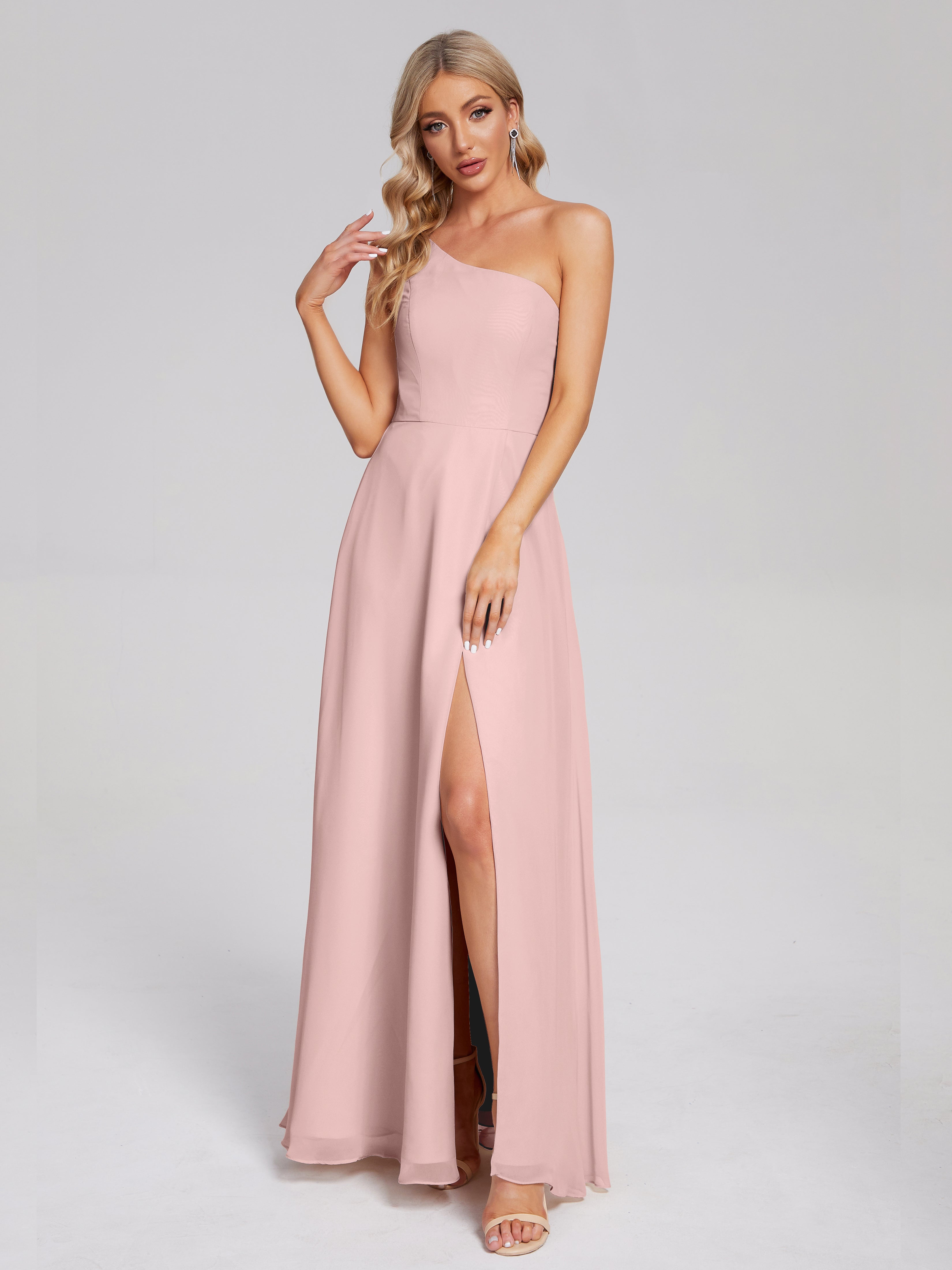 Robes De Demoiselle D'Honneur Rose Poudrée Bon Marché Fendue Seule-Épaule Simple Mousseline Robes Demoiselle D'Honneur