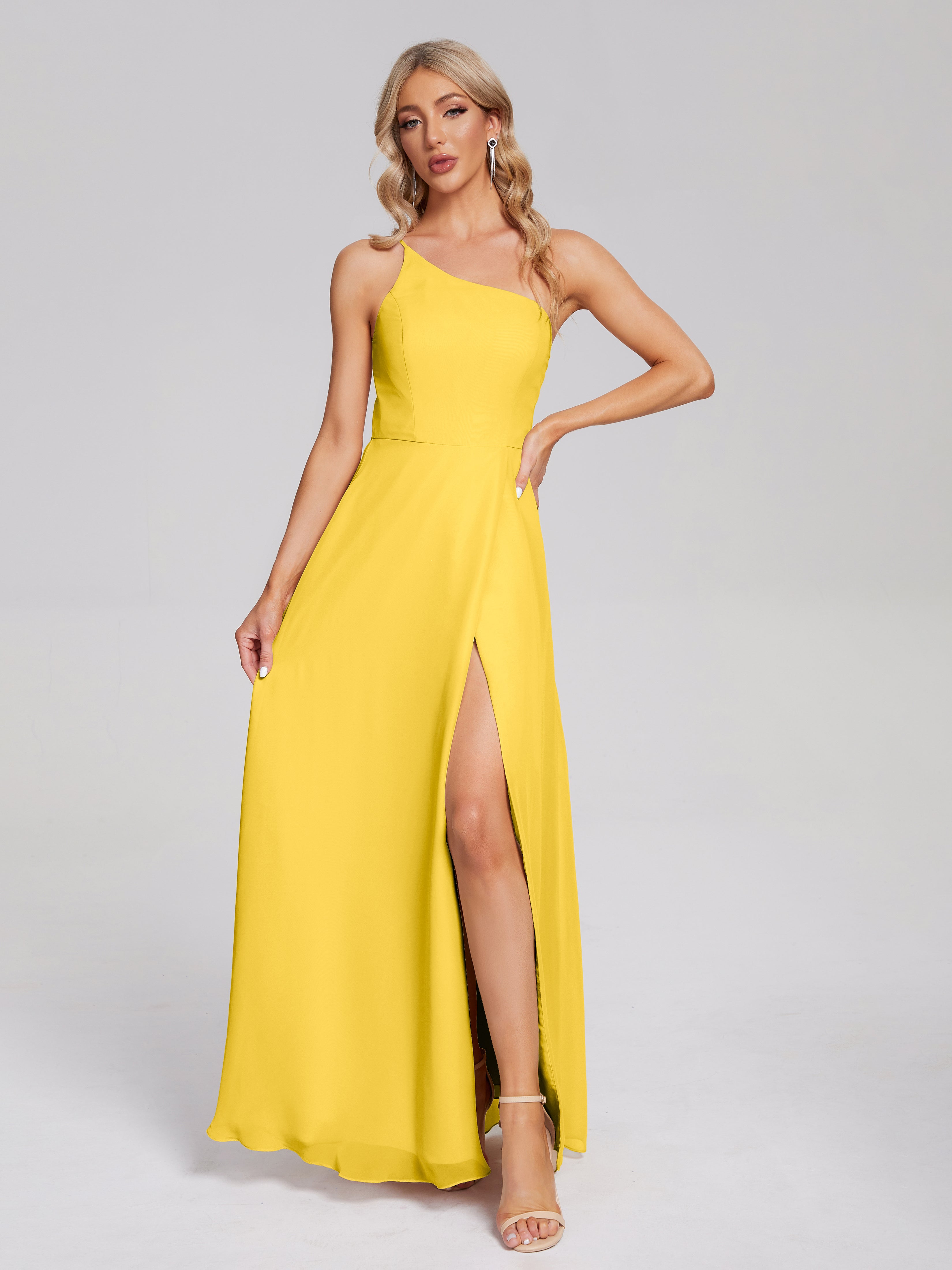 Robe De Demoiselle D'Honneur Souci Fendue Seule-Épaule Simple Mousseline Robes Demoiselle D'Honneur