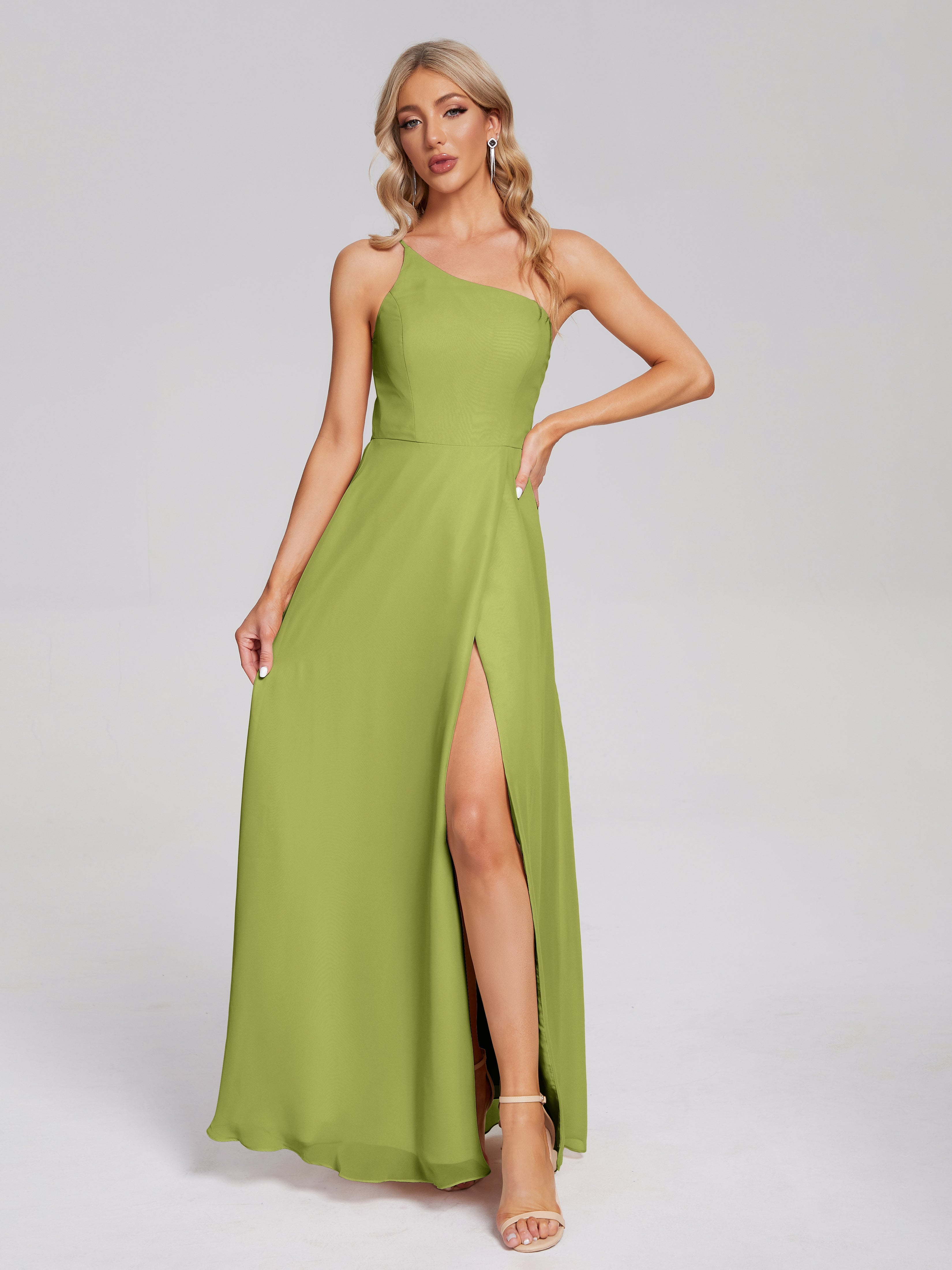 Robes De Demoiselle D'Honneur Trèfle Fendue Seule-Épaule Simple Mousseline Robes Demoiselle D'Honneur