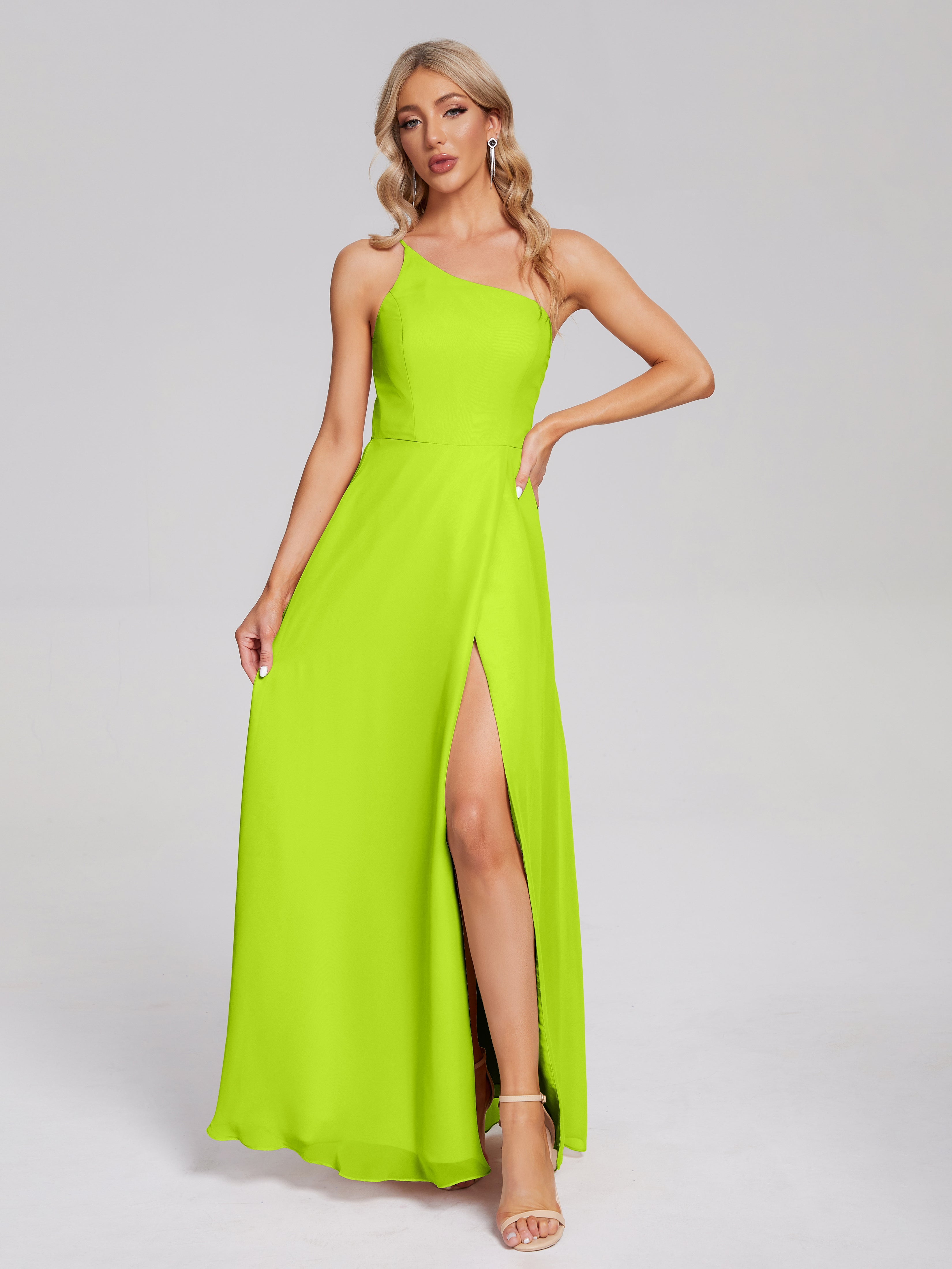 Robes De Demoiselle D'Honneur Vert Citron Fendue Seule-Épaule Simple Mousseline Robes Demoiselle D'Honneur