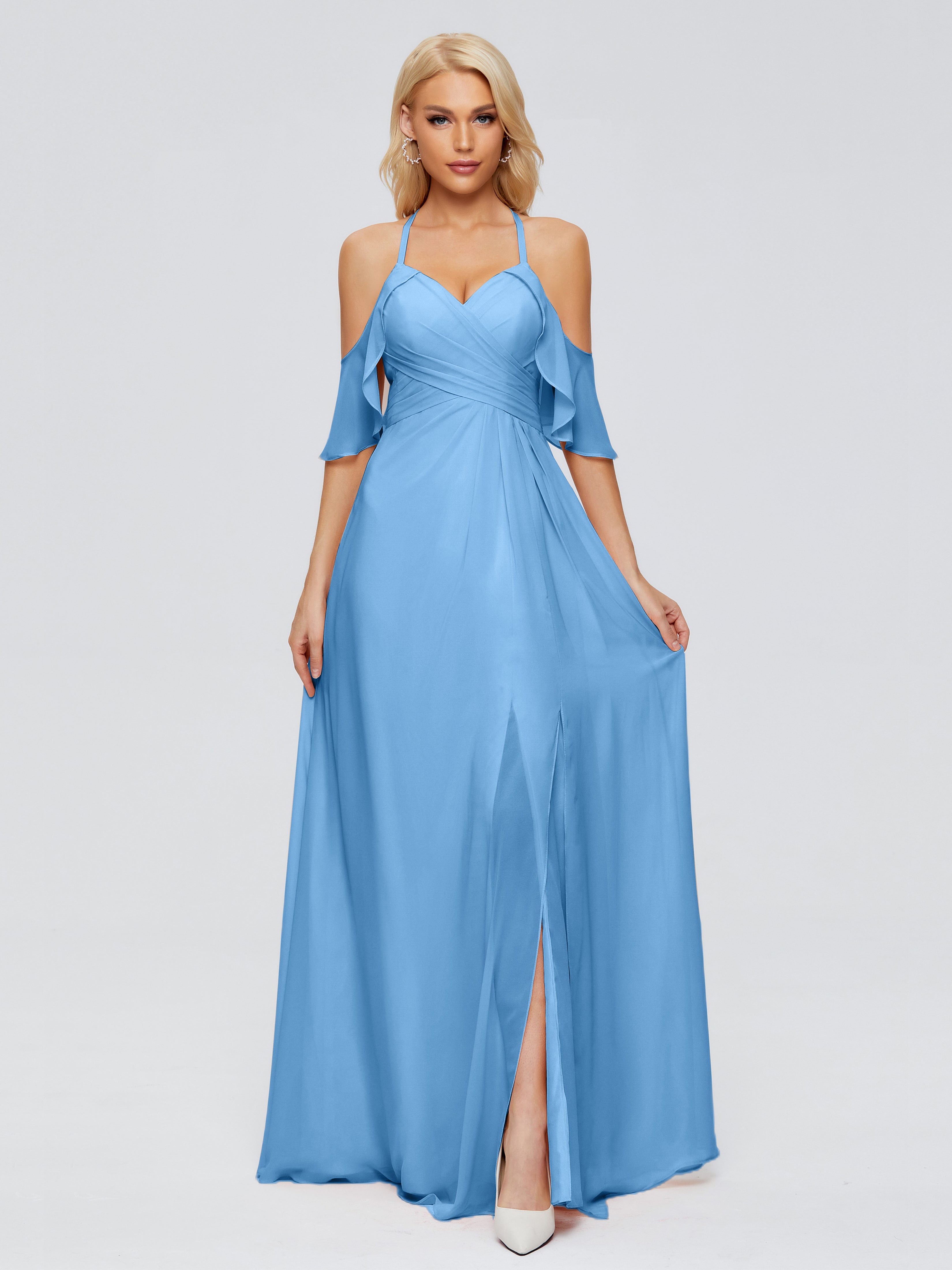 Robes De Demoiselle D'Honneur Bleues Trapèze Fendue Devant Mousseline Robes Demoiselle D'Honneur