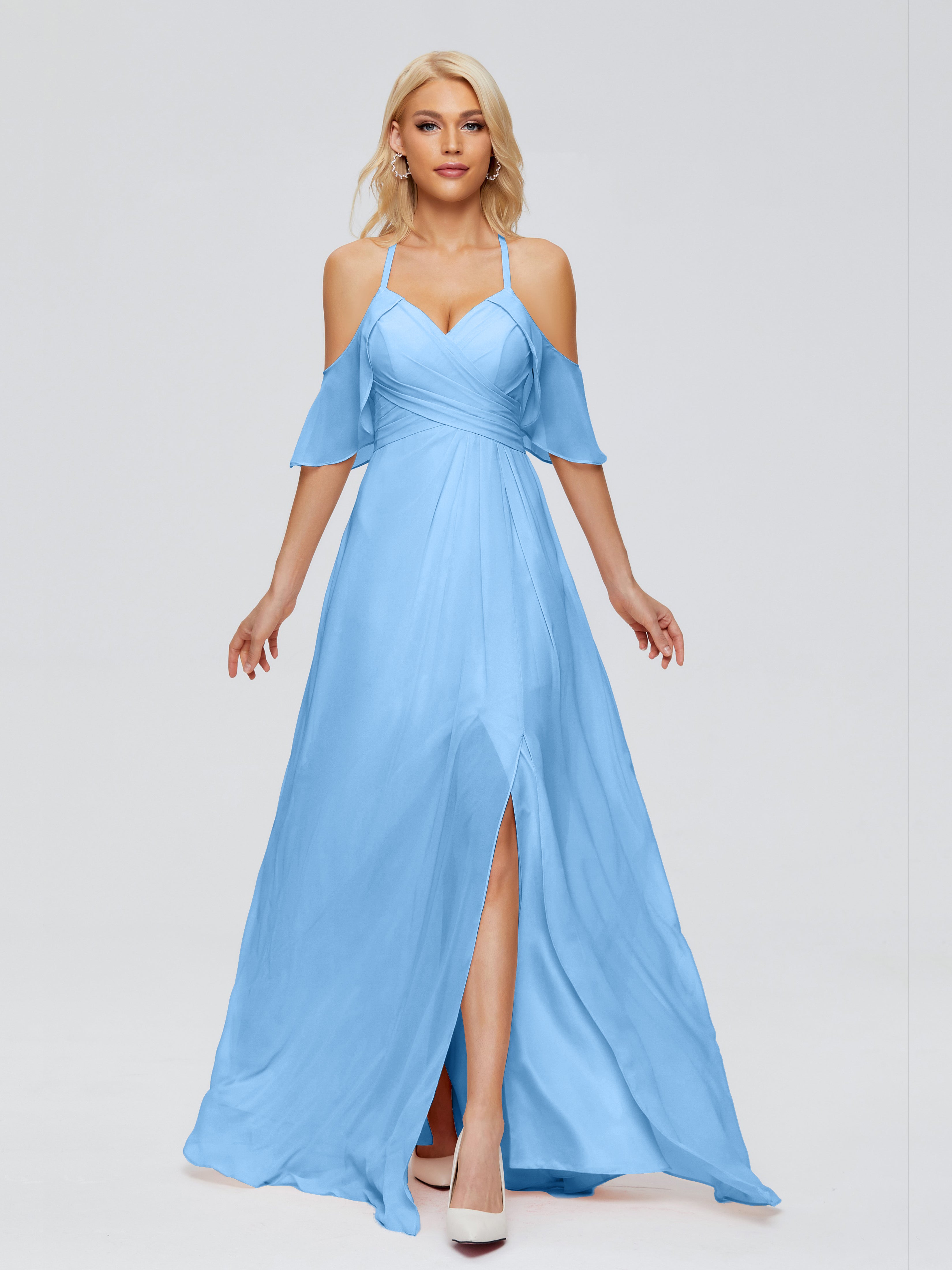 Robes De Demoiselle D'Honneur Bleues Trapèze Fendue Devant Mousseline Robes Demoiselle D'Honneur