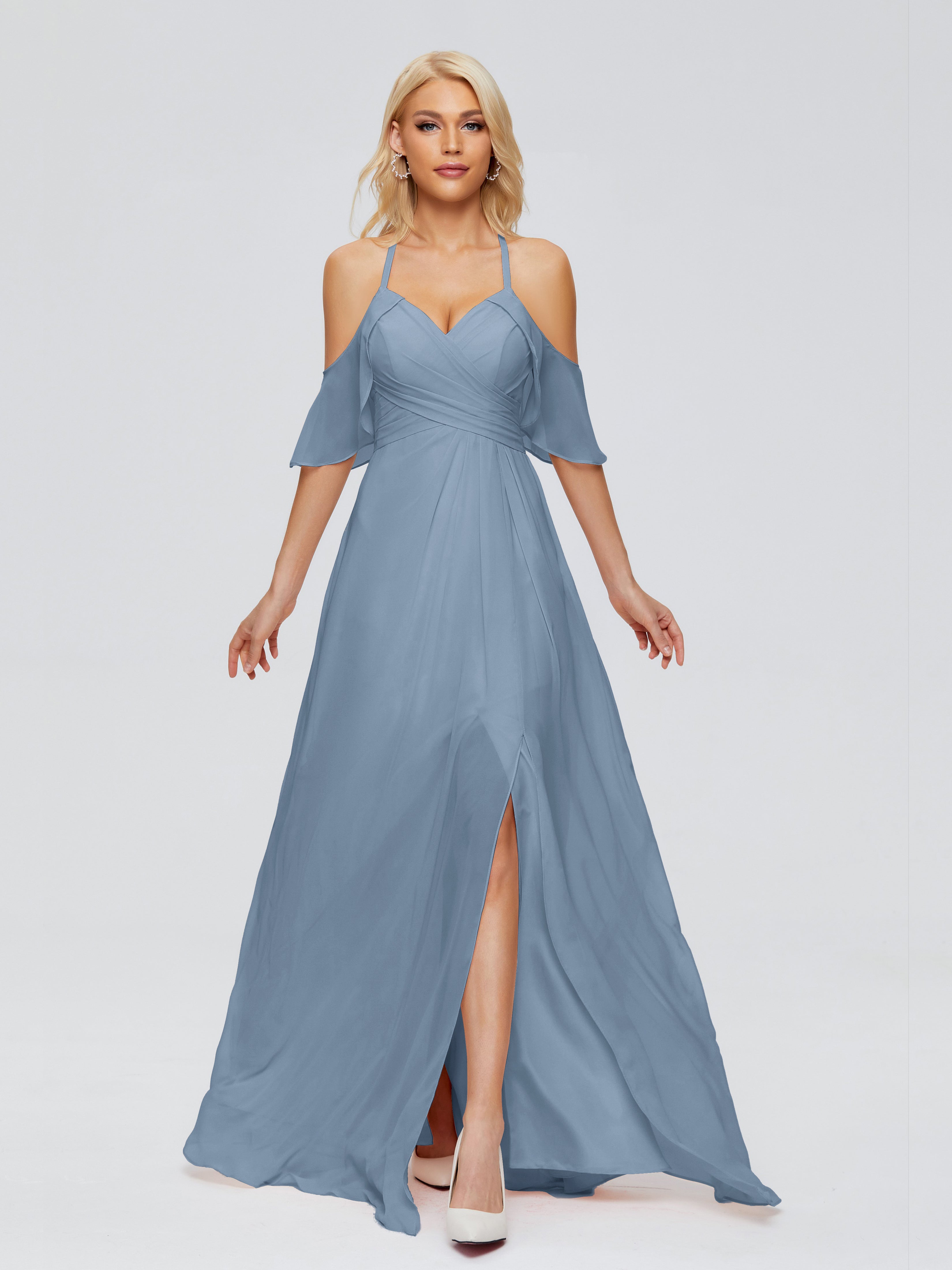 Robes De Demoiselle D'Honneur Bleu De Schiste Trapèze Fendue Devant Mousseline Robes Demoiselle D'Honneur