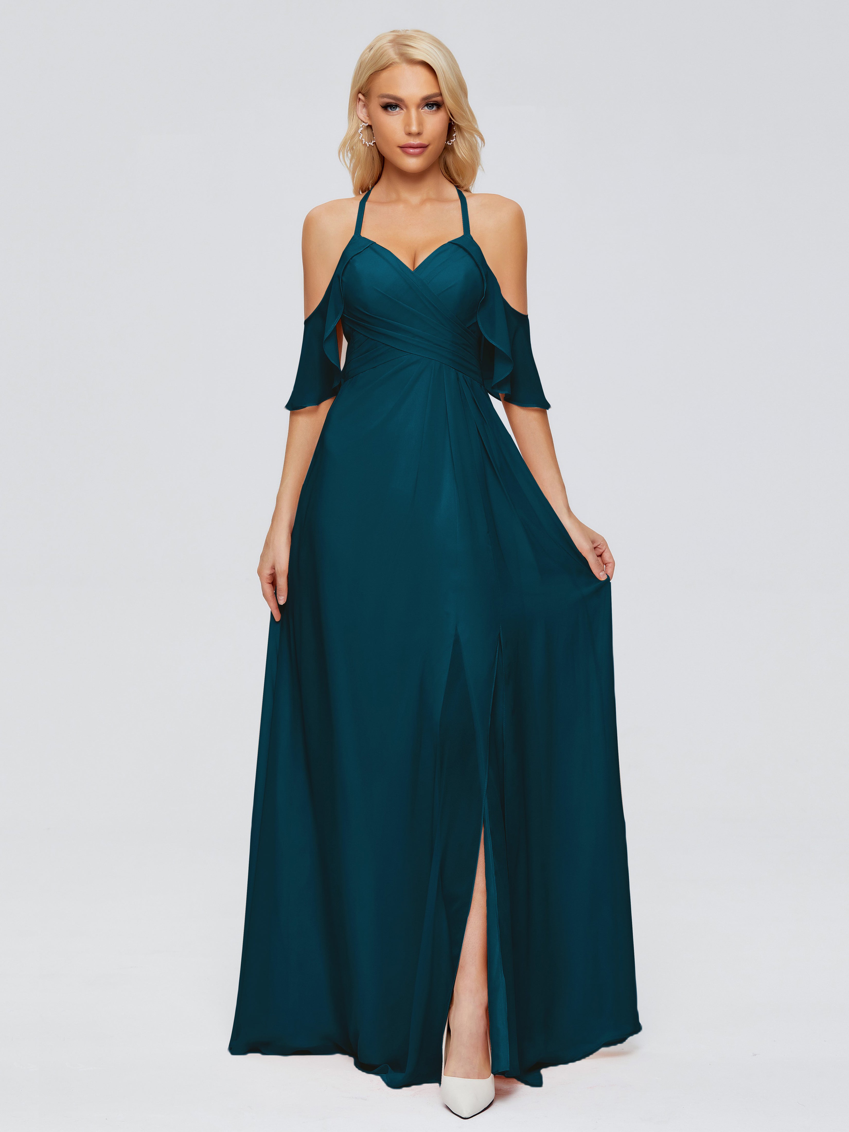 Robes De Demoiselle D'Honneur Bleu Encre Trapèze Fendue Devant Mousseline Robes Demoiselle D'Honneur