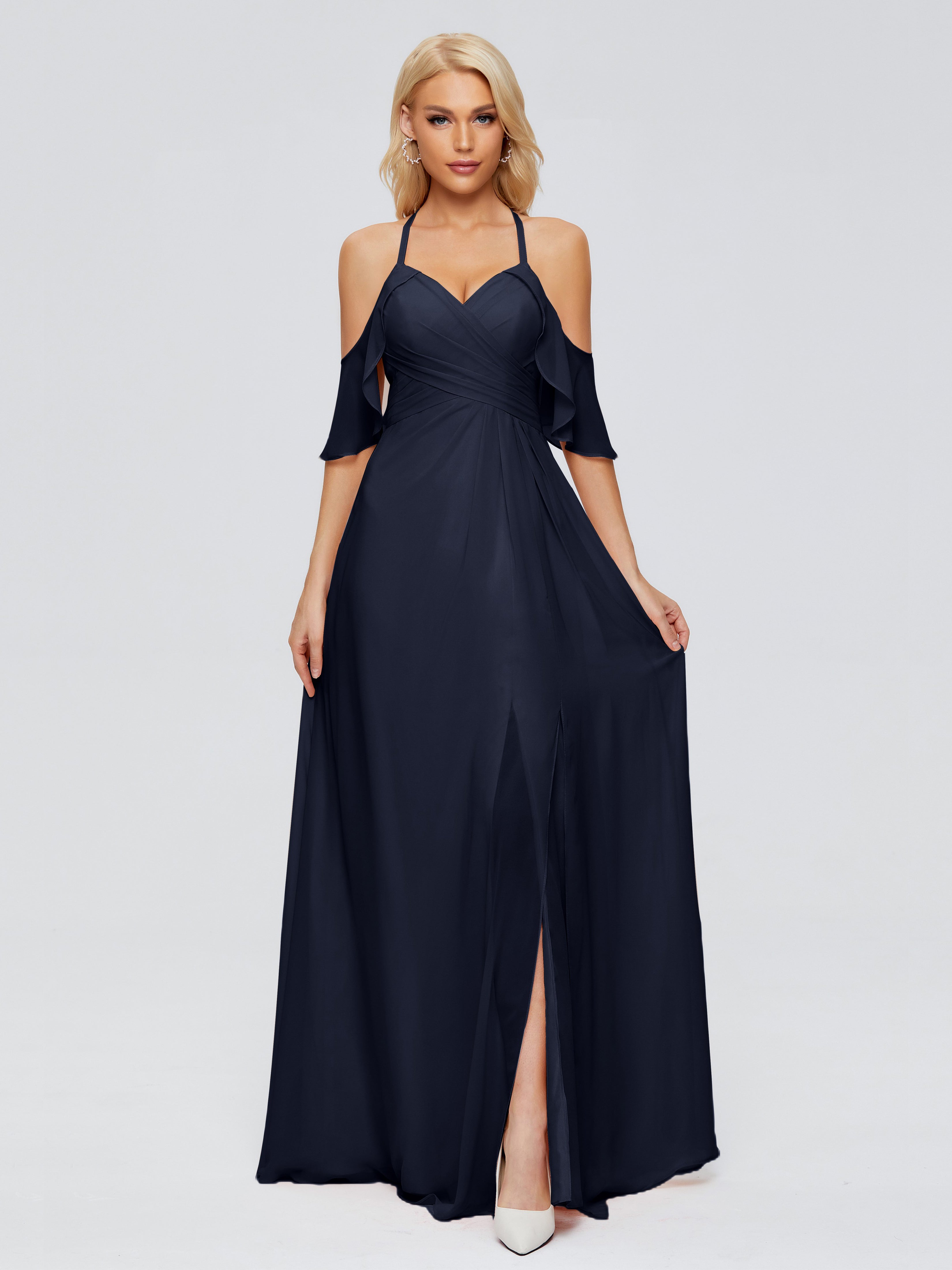 Robe Bleue Marine Demoiselle D Honneur Trapèze Fendue Devant Mousseline Robes Demoiselle D'Honneur