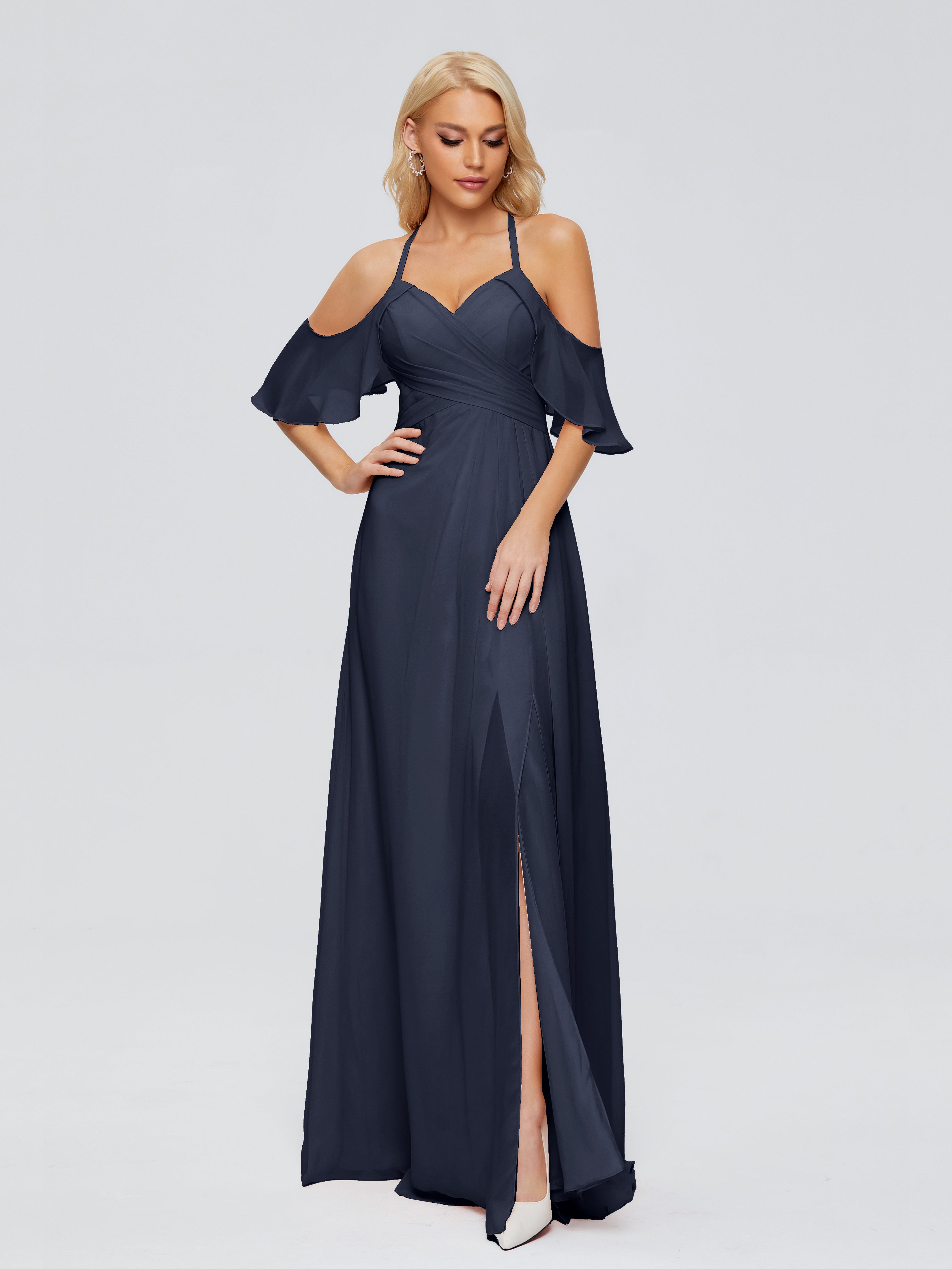 Robe Bleue Marine Demoiselle D Honneur Trapèze Fendue Devant Mousseline Robes Demoiselle D'Honneur