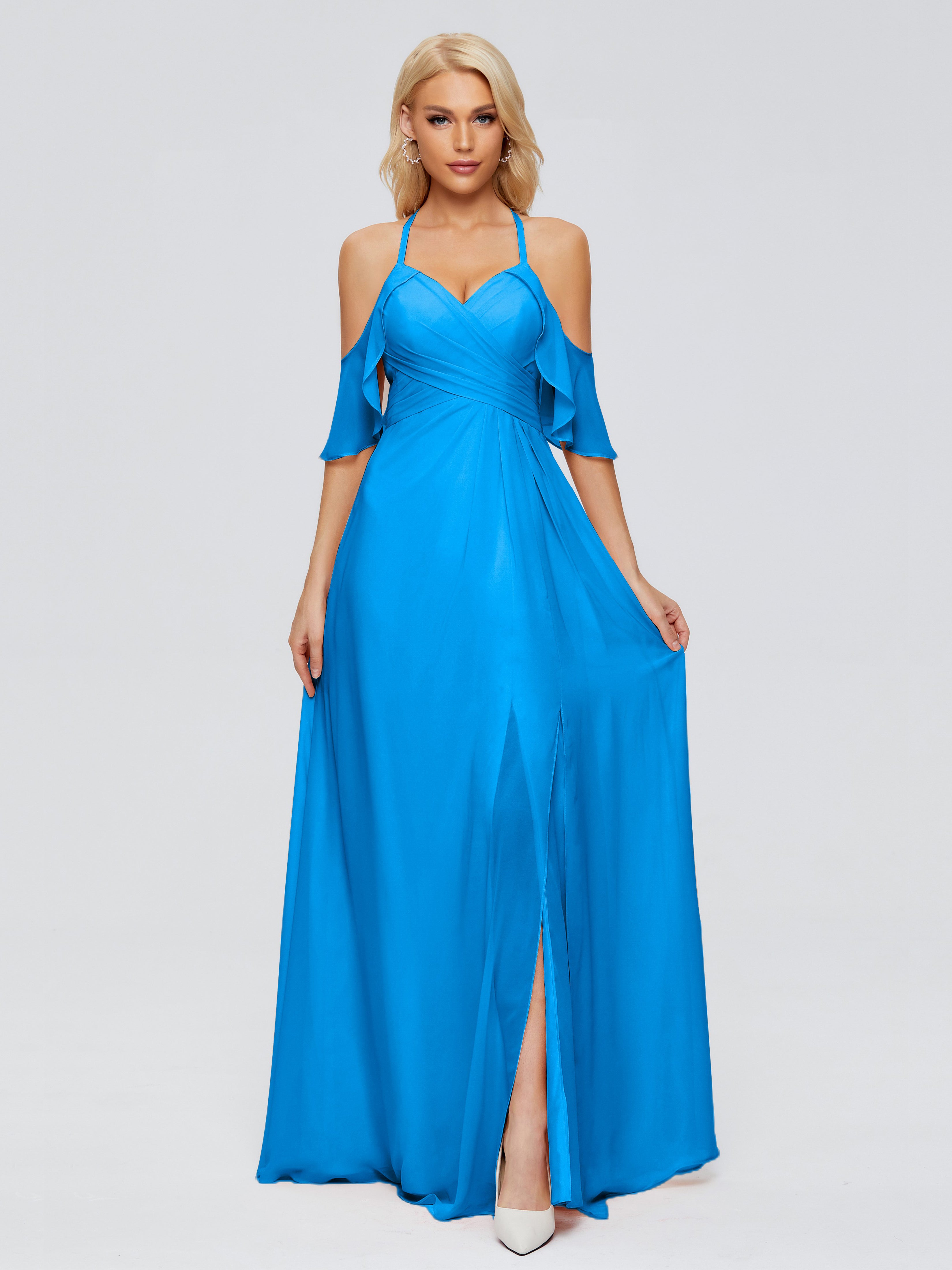 Robes De Demoiselle D'Honneur Bleu Océan Trapèze Fendue Devant Mousseline Robes Demoiselle D'Honneur