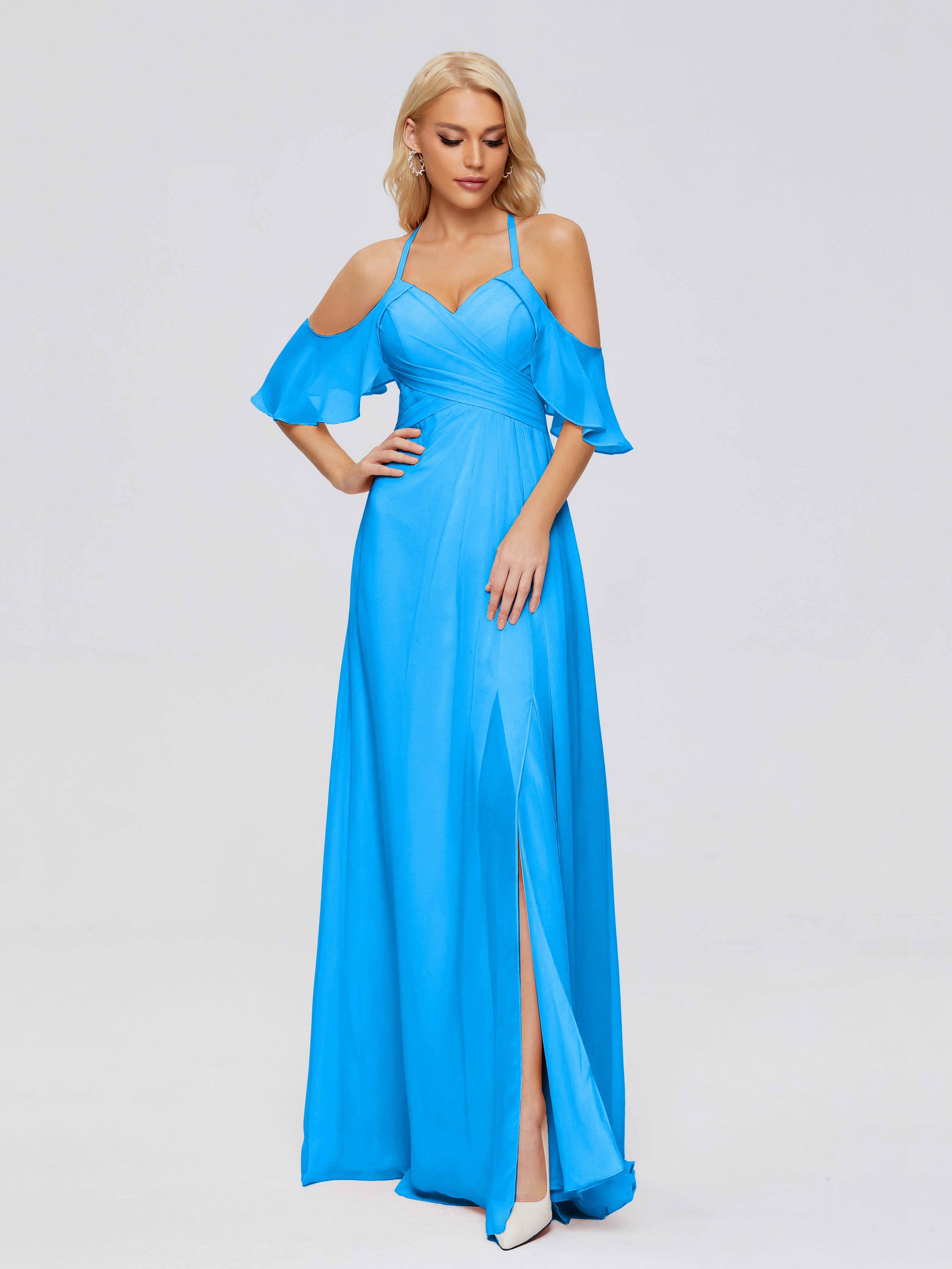 Robes De Demoiselle D'Honneur Bleu Océan Trapèze Fendue Devant Mousseline Robes Demoiselle D'Honneur