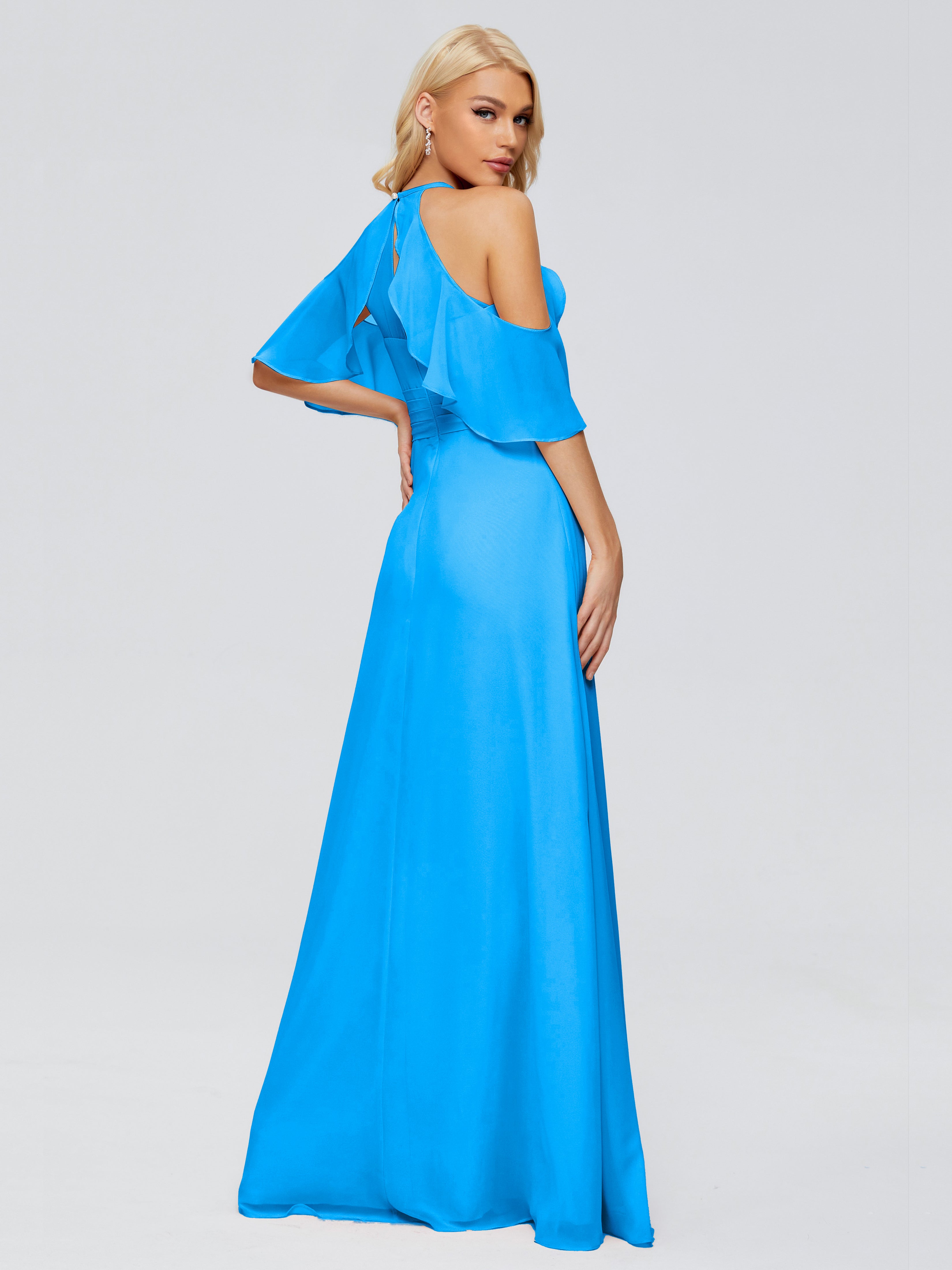 Robes De Demoiselle D'Honneur Bleu Océan Trapèze Fendue Devant Mousseline Robes Demoiselle D'Honneur