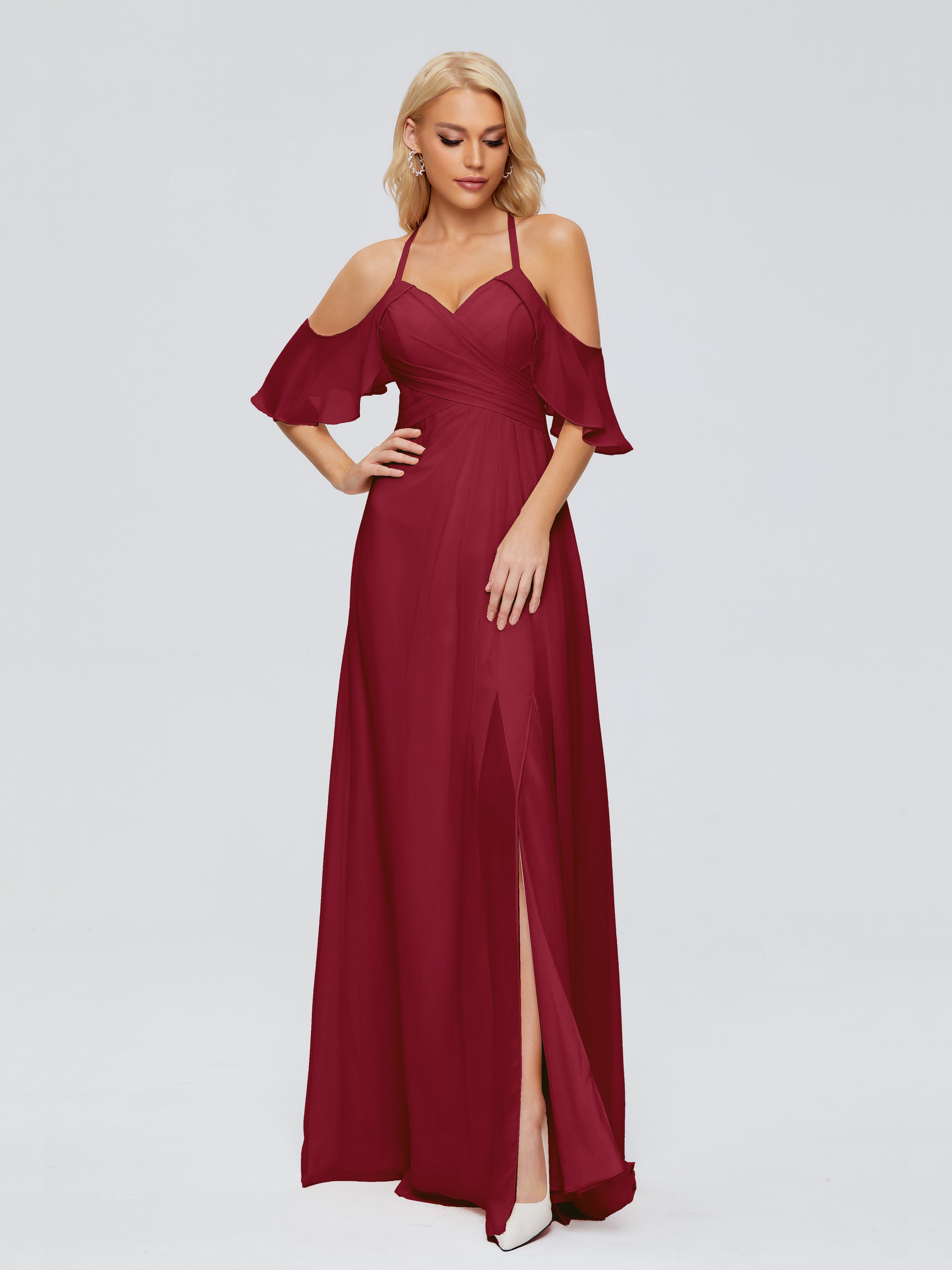 Robe Longue Demoiselle D Honneur Bordeaux Trapèze Fendue Devant Mousseline Robes Demoiselle D'Honneur