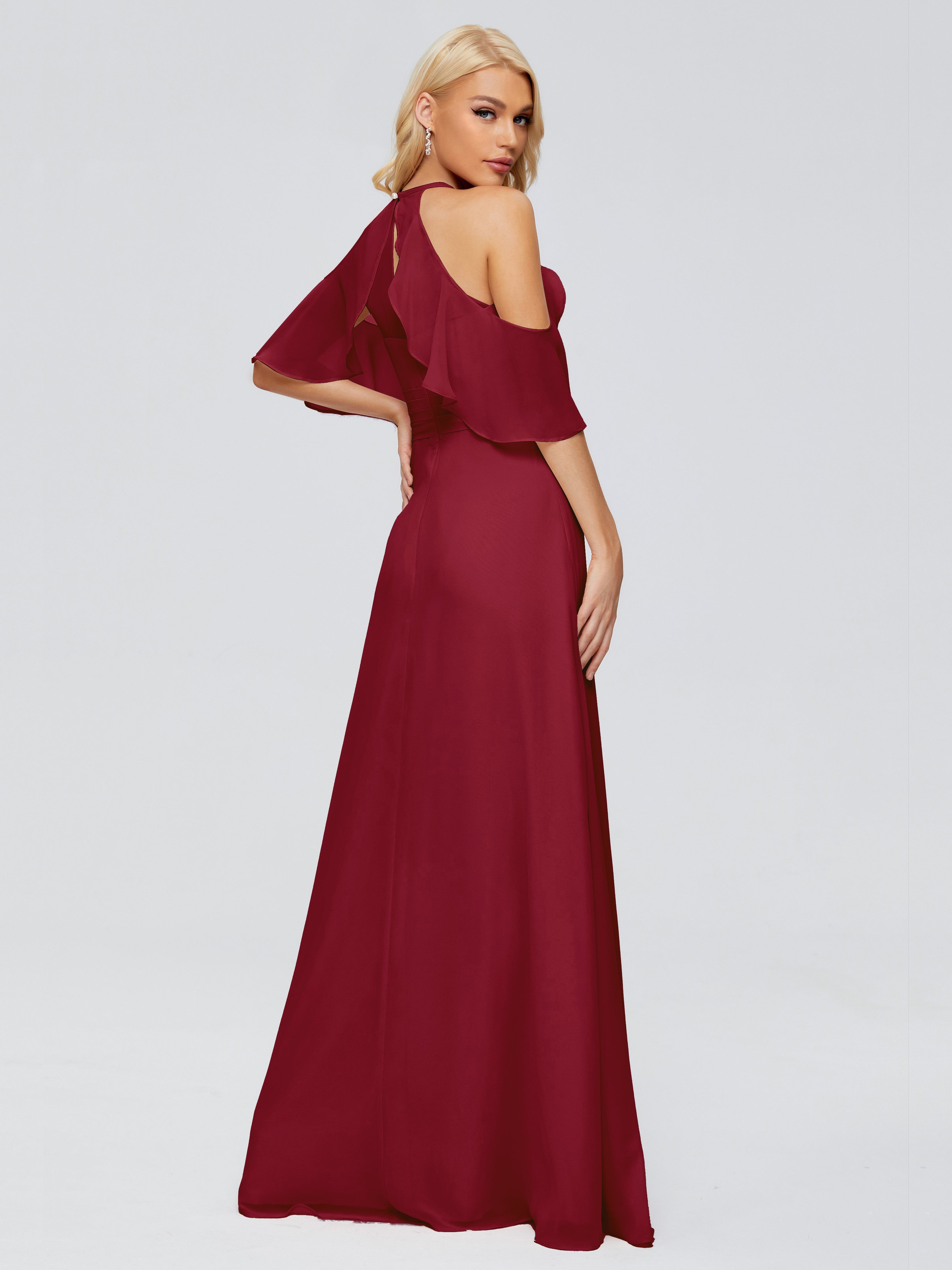 Robe Longue Demoiselle D Honneur Bordeaux Trapèze Fendue Devant Mousseline Robes Demoiselle D'Honneur
