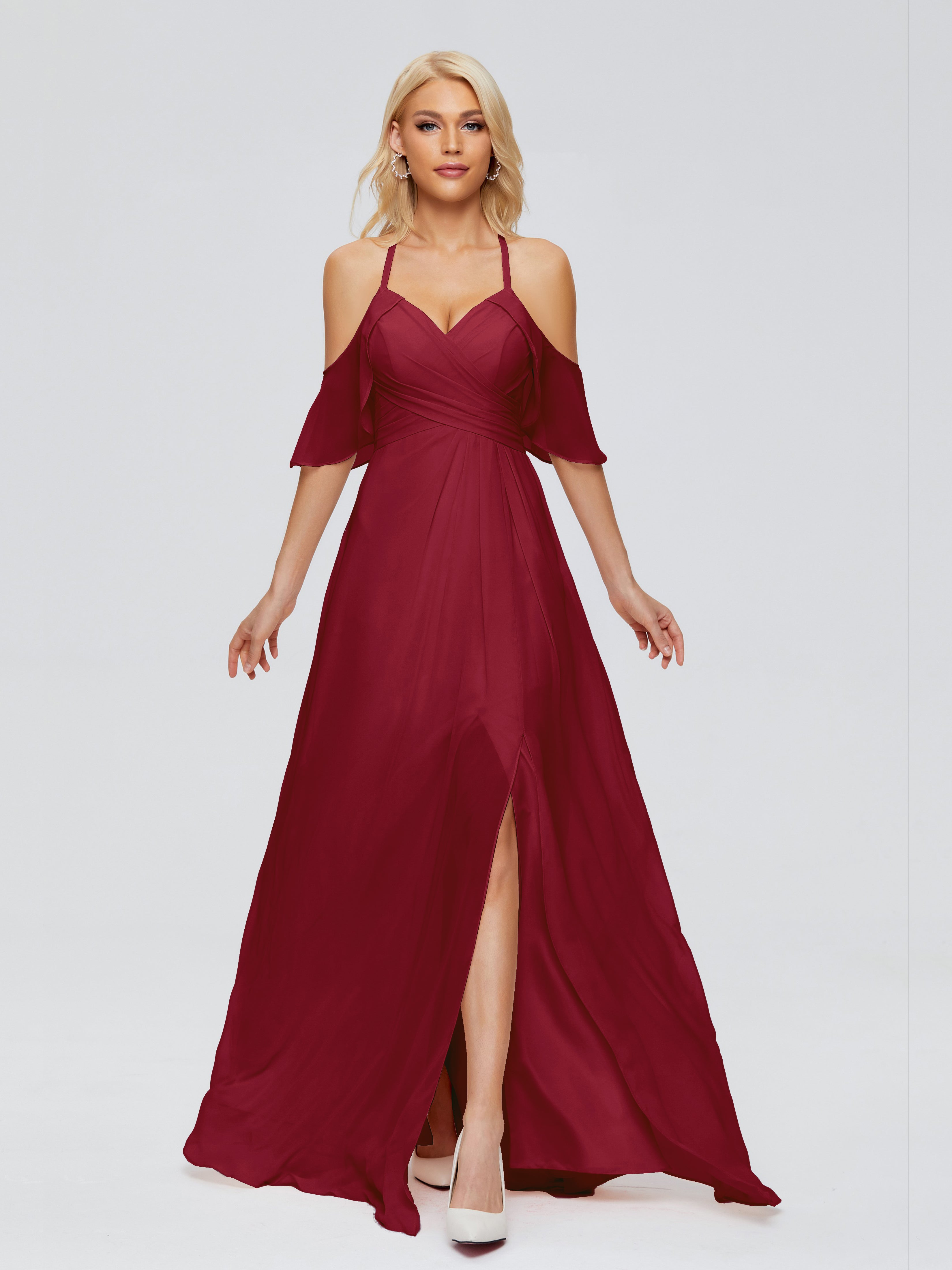 Robe Longue Demoiselle D Honneur Bordeaux Trapèze Fendue Devant Mousseline Robes Demoiselle D'Honneur