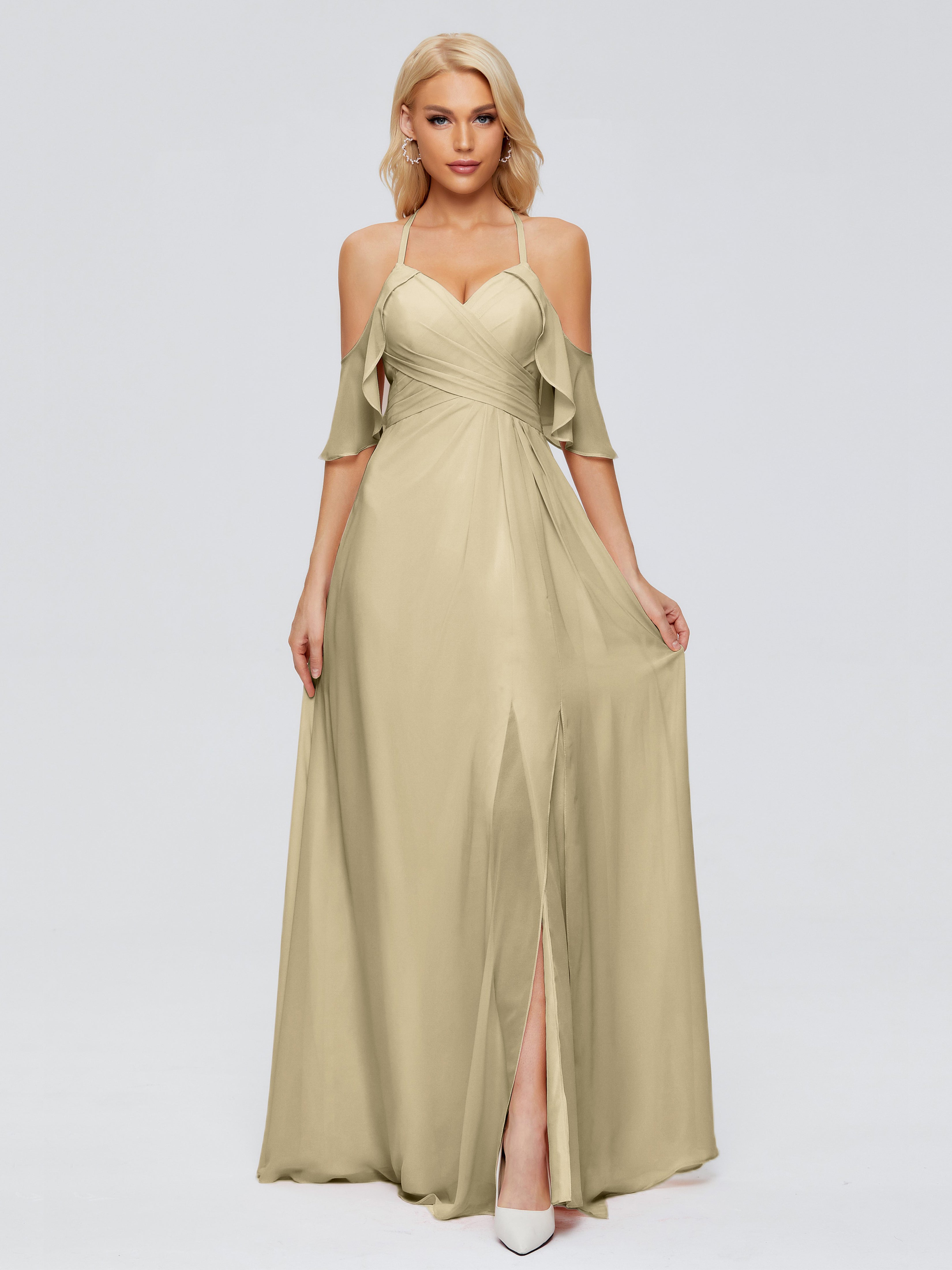 Demoiselle Dhonneur Robe Champagne Trapèze Fendue Devant Mousseline Robes Demoiselle D'Honneur