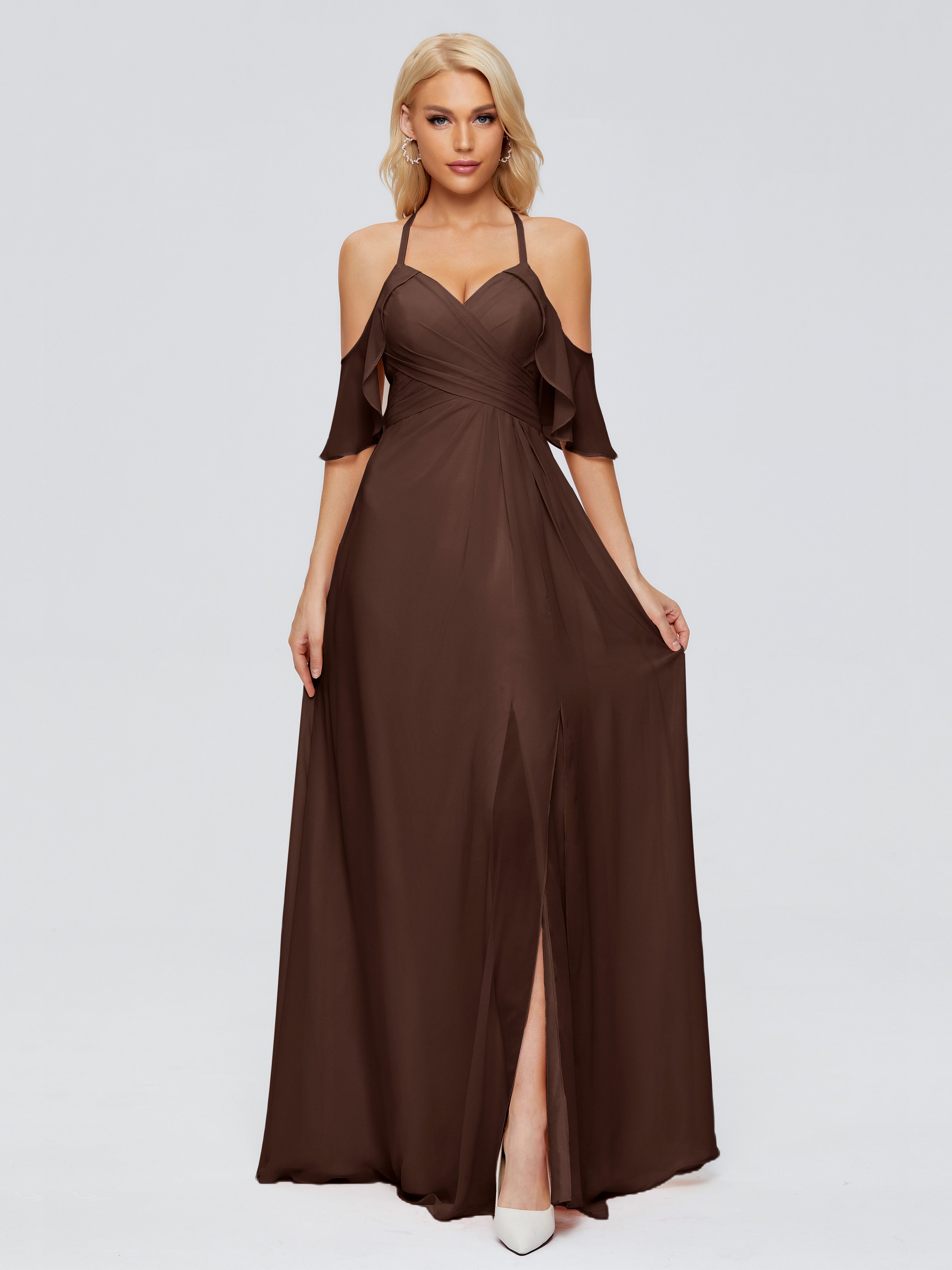 Robe Chocolat Demoiselle D Honneur Trapèze Fendue Devant Mousseline Robes Demoiselle D'Honneur