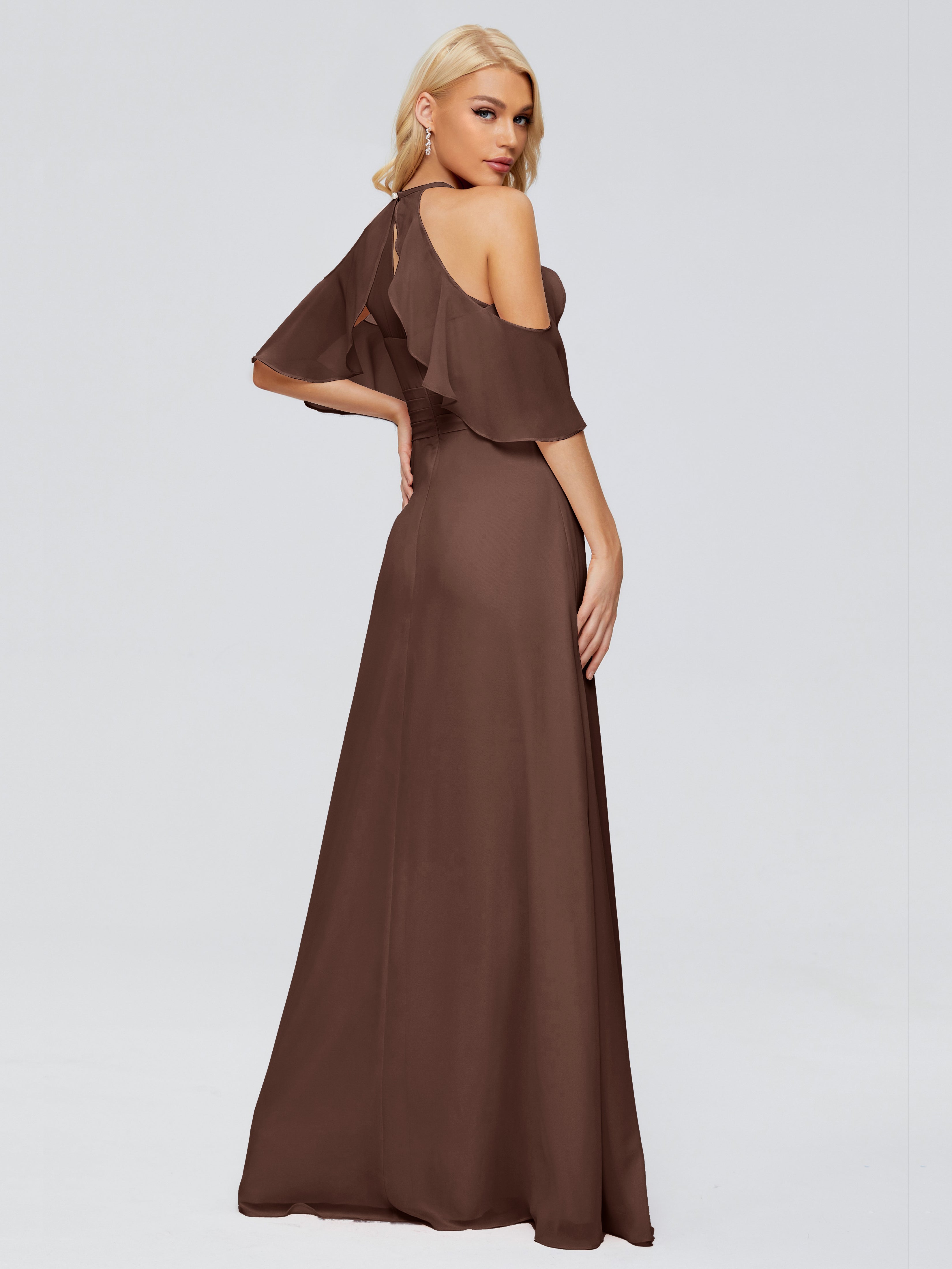Robe Chocolat Demoiselle D Honneur Trapèze Fendue Devant Mousseline Robes Demoiselle D'Honneur