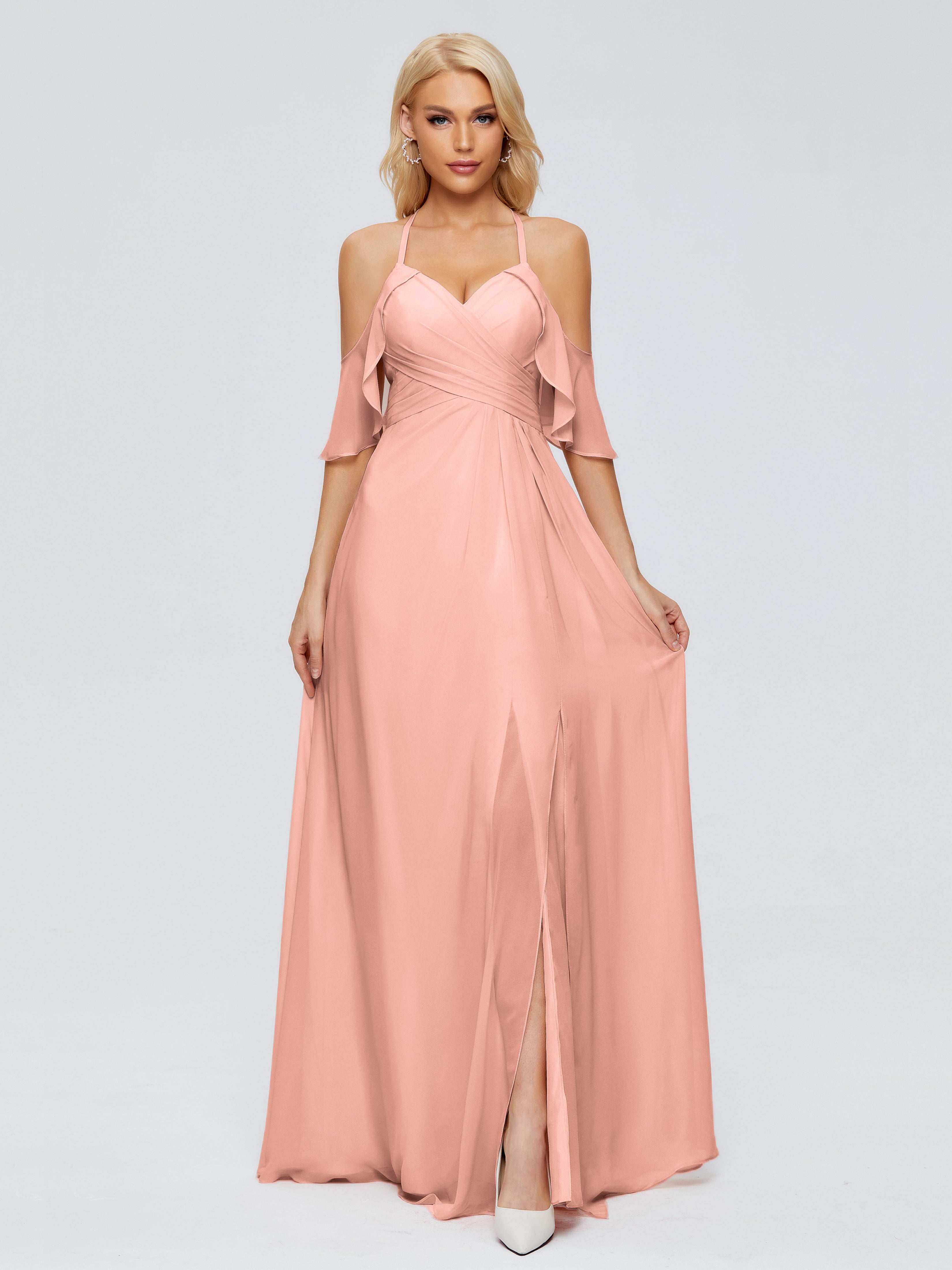 Robe Demoiselle Honneur Corail Trapèze Fendue Devant Mousseline Robes Demoiselle D'Honneur