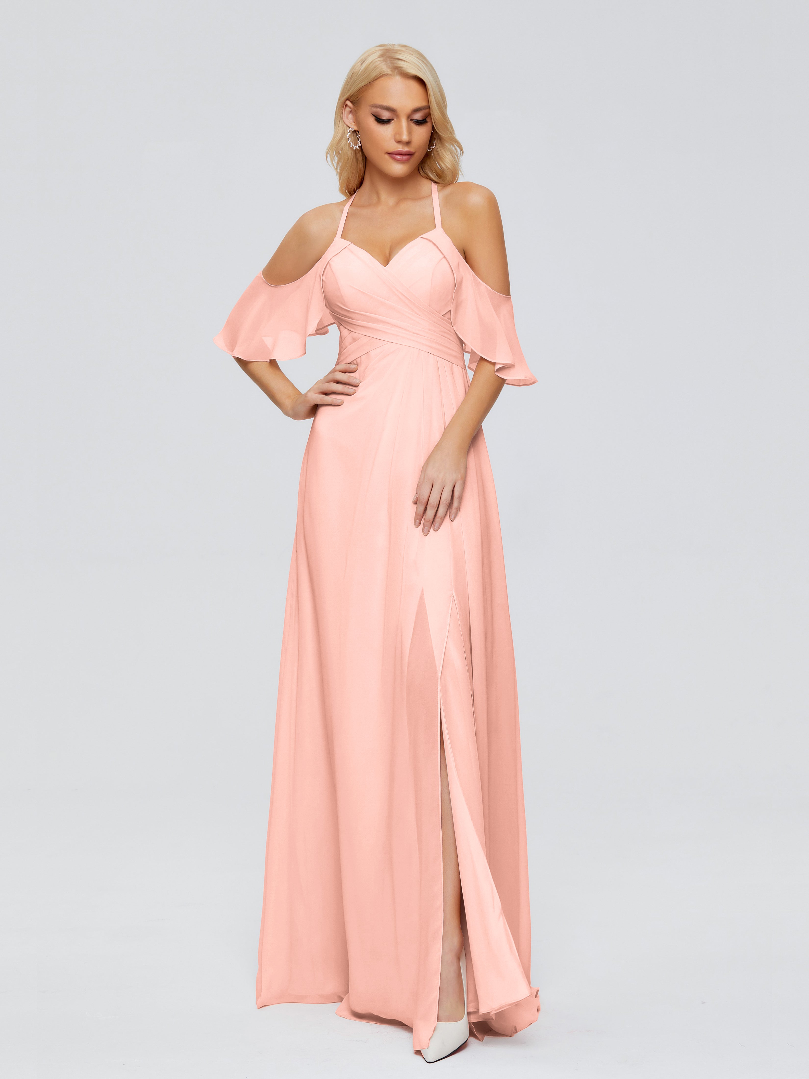 Robe Demoiselle Honneur Corail Trapèze Fendue Devant Mousseline Robes Demoiselle D'Honneur