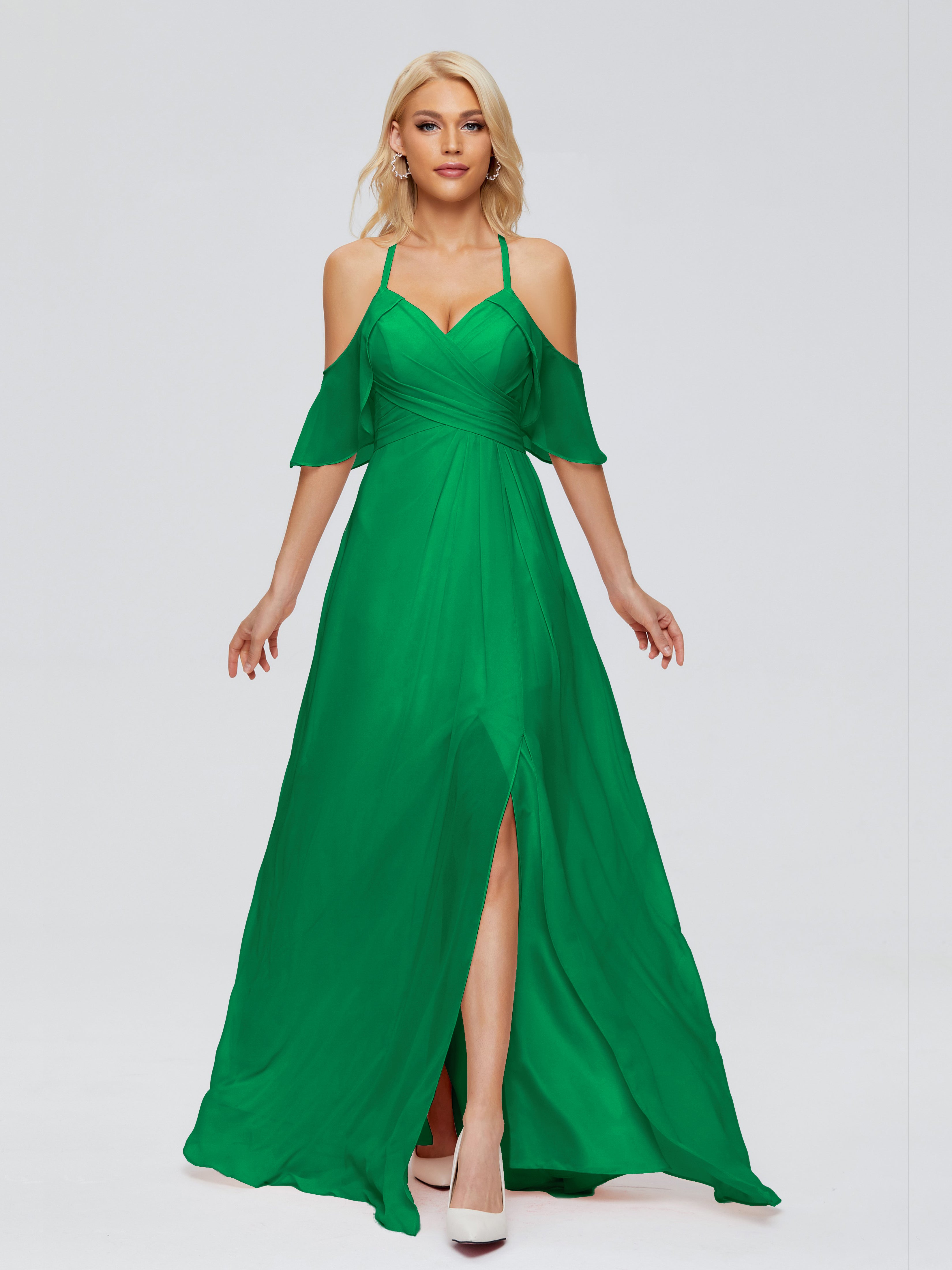 Wedding Party Robe Vert Emeraude Demoiselle D Honneur Trapèze Fendue Devant Mousseline Robes Demoiselle D'Honneur