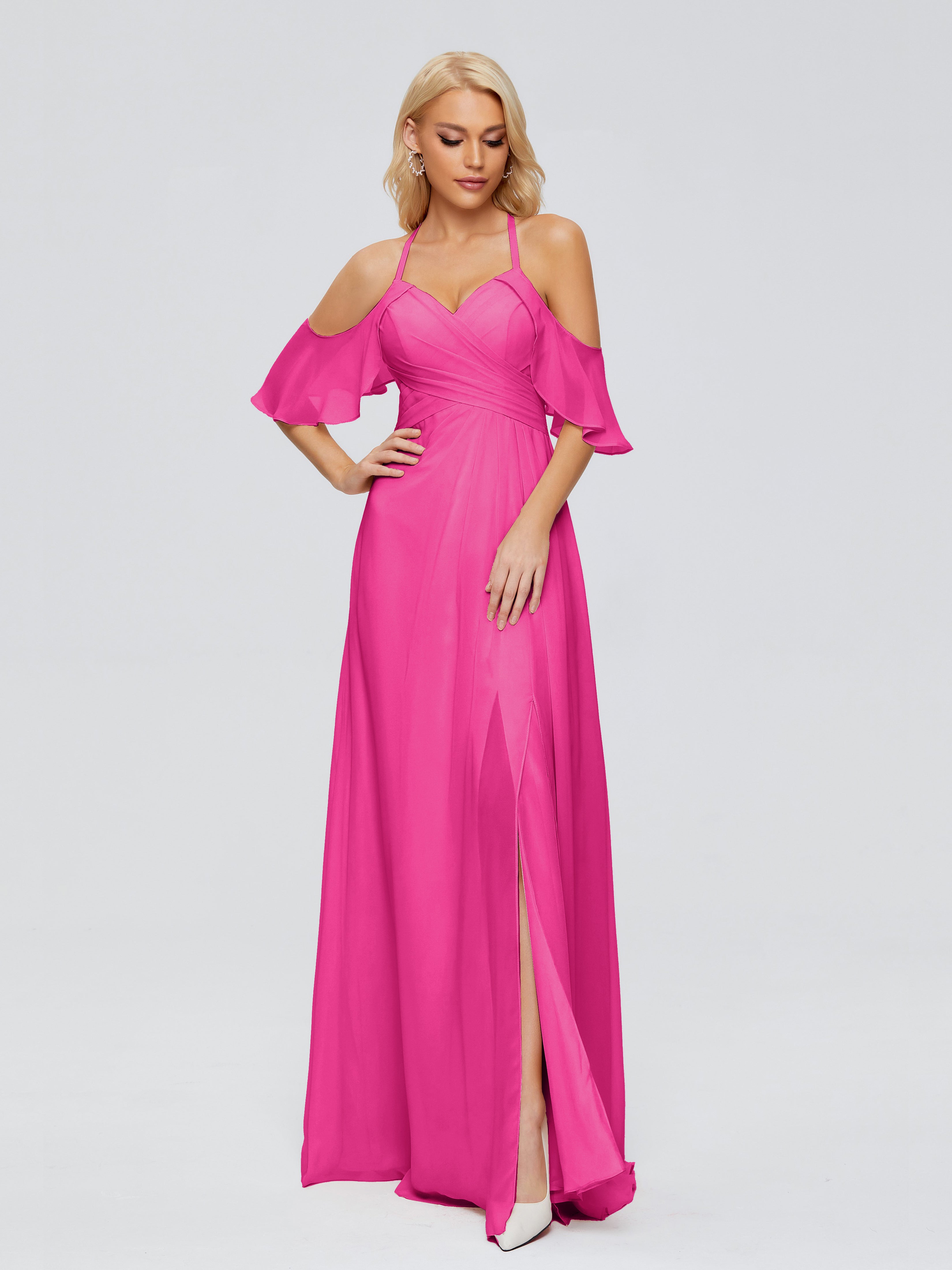 Robe Demoiselle D Honneur Rose Fuchsia Trapèze Fendue Devant Mousseline Robes Demoiselle D'Honneur