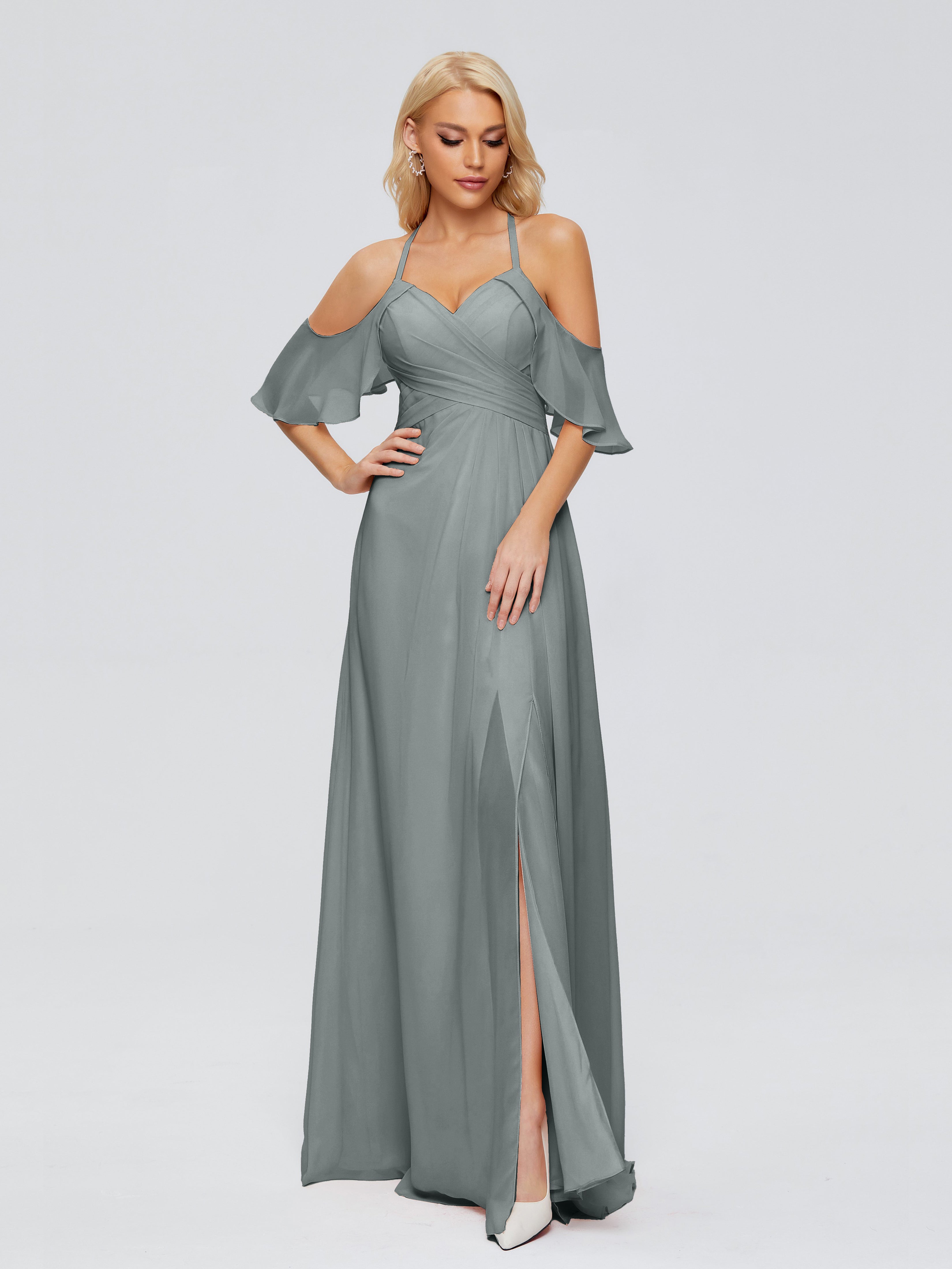 Robe De Demoiselle D Honneur Grise Trapèze Fendue Devant Mousseline Robes Demoiselle D'Honneur