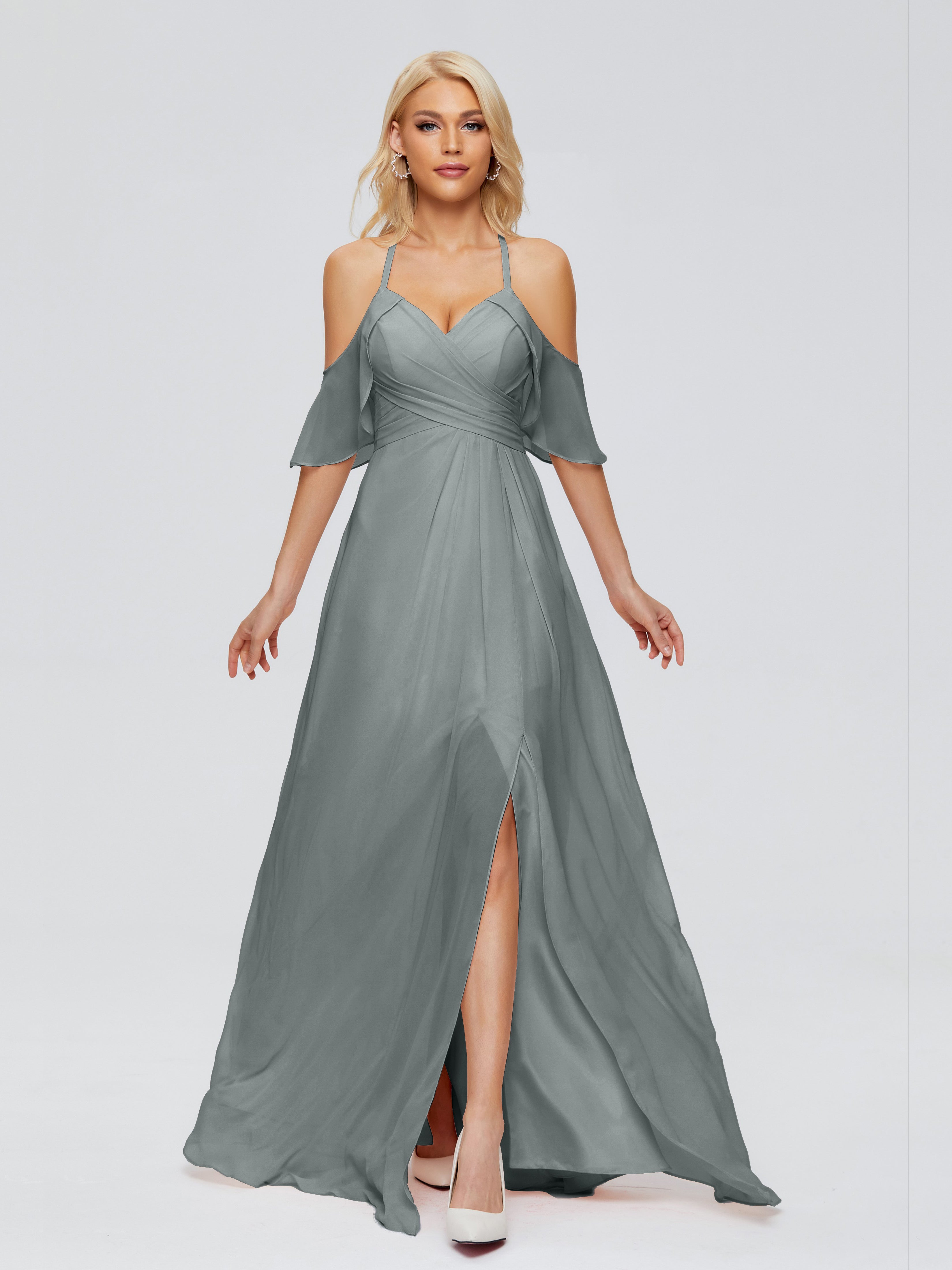 Robe De Demoiselle D Honneur Grise Trapèze Fendue Devant Mousseline Robes Demoiselle D'Honneur