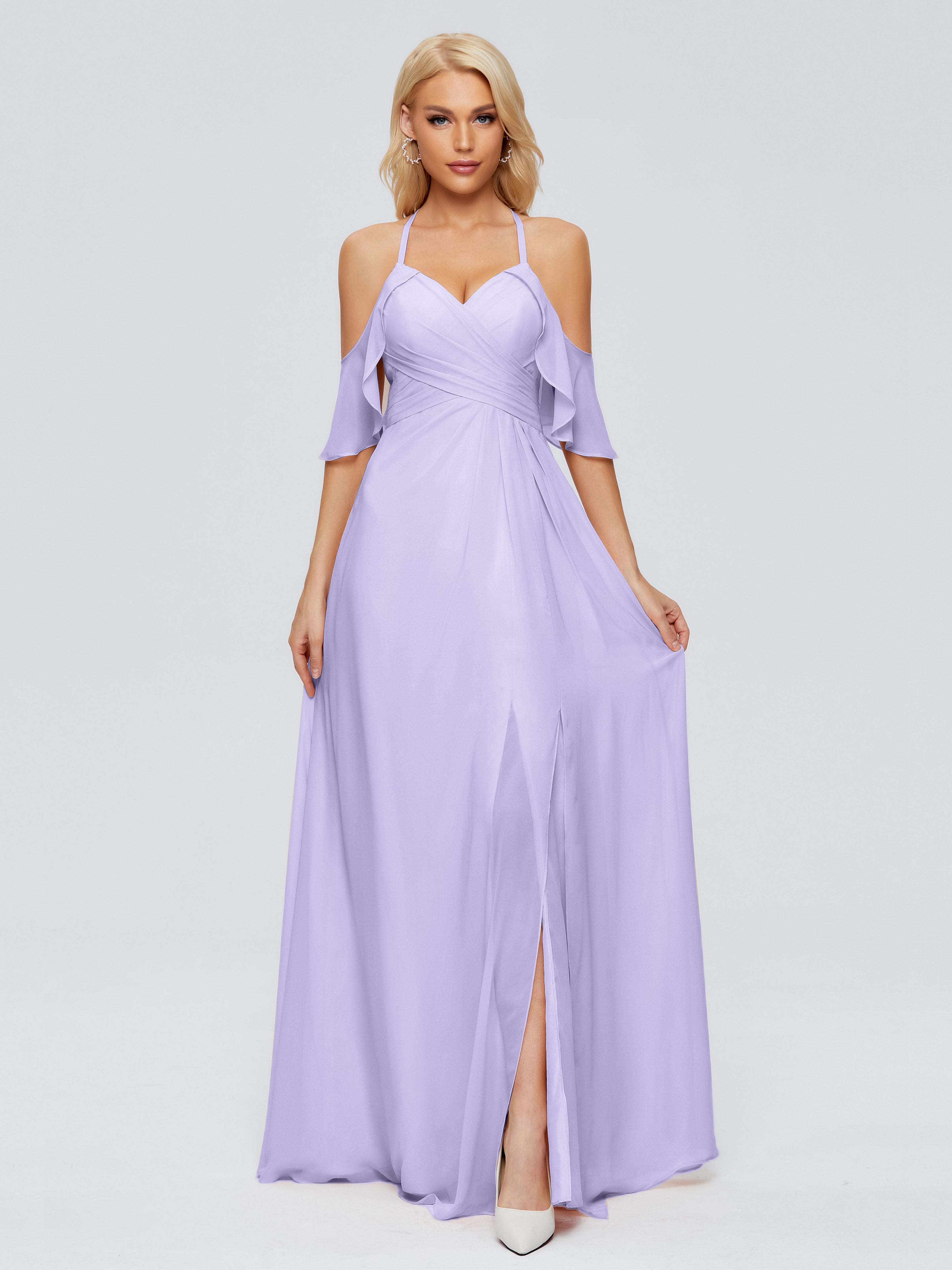 Robe Longue Lilas Demoiselle D Honneur Trapèze Fendue Devant Mousseline Robes Demoiselle D'Honneur