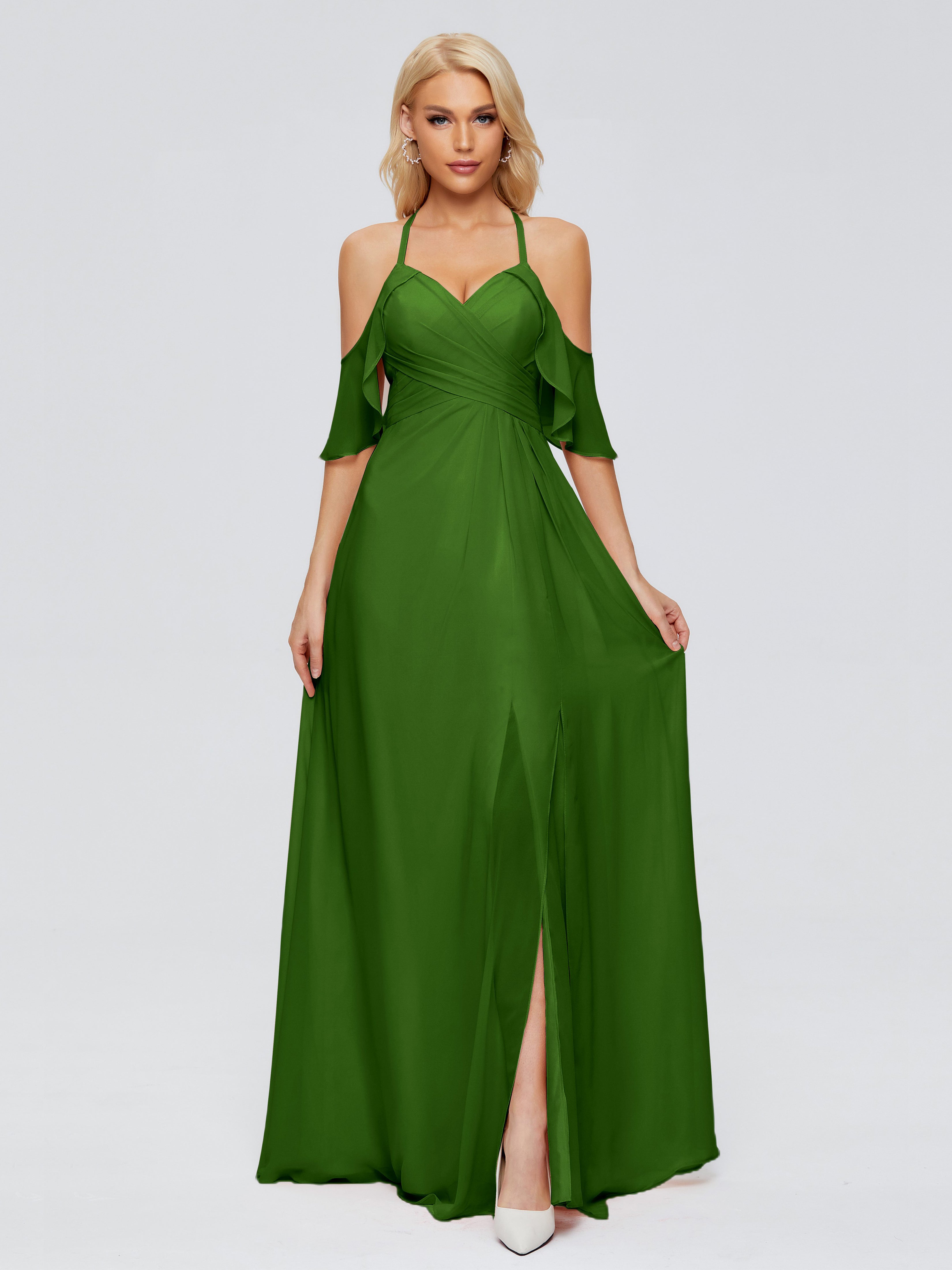 Robes De Demoiselle D'Honneur Vert Mousse Trapèze Fendue Devant Mousseline Robes Demoiselle D'Honneur