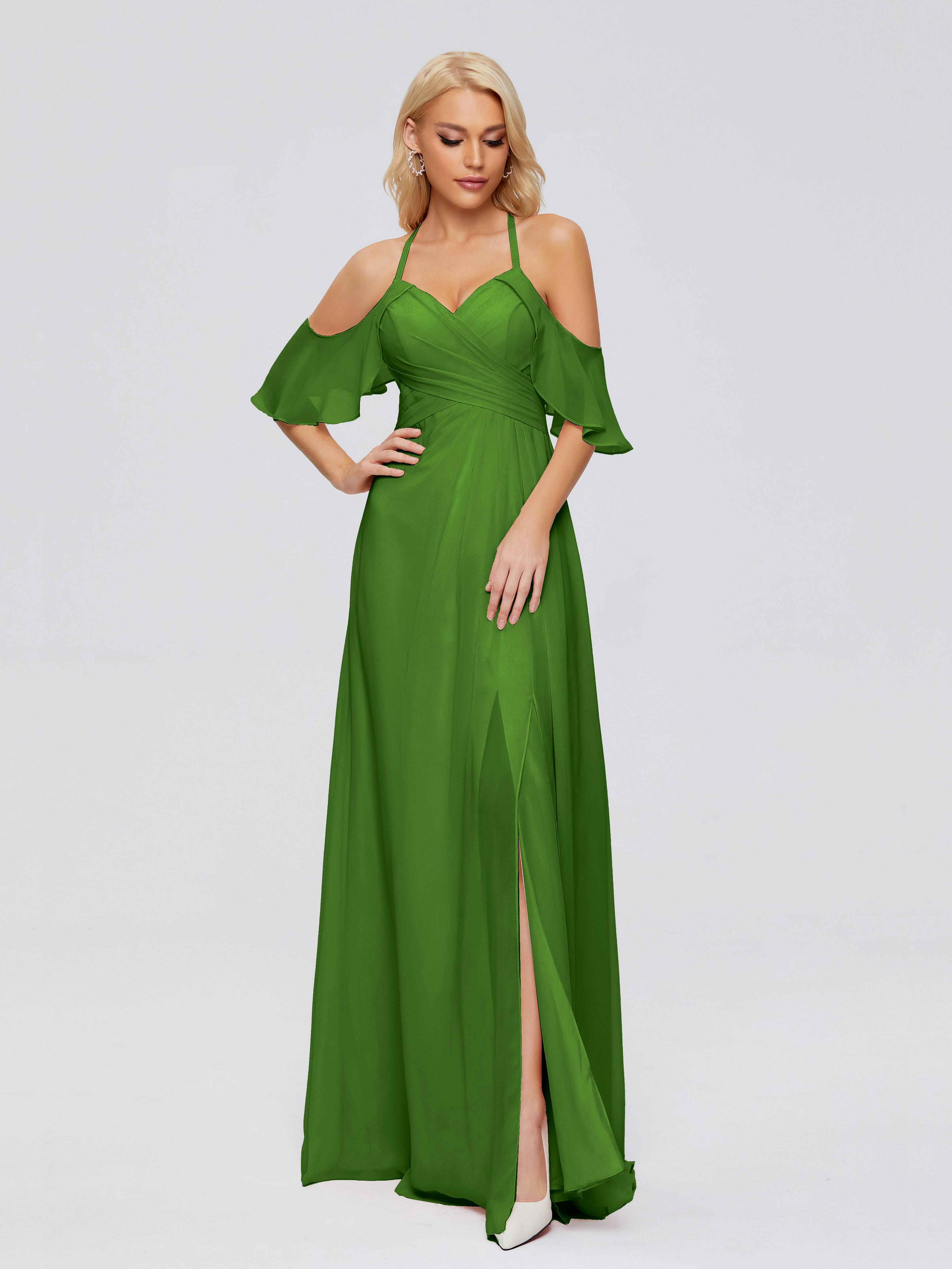 Robes De Demoiselle D'Honneur Vert Mousse Trapèze Fendue Devant Mousseline Robes Demoiselle D'Honneur
