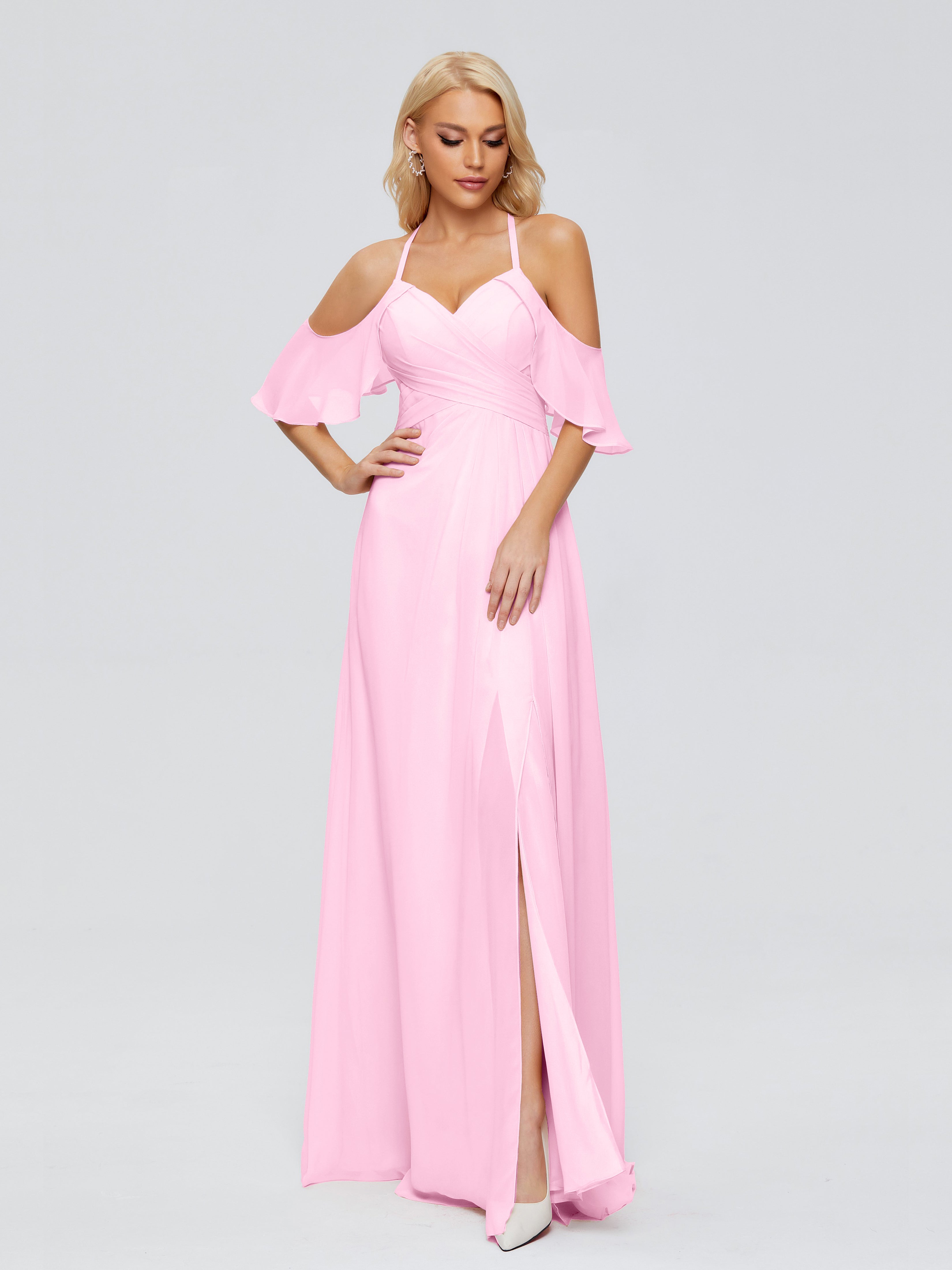 Robe Demoiselle D Honneur Rose Bonbon Trapèze Fendue Devant Mousseline Robes Demoiselle D'Honneur