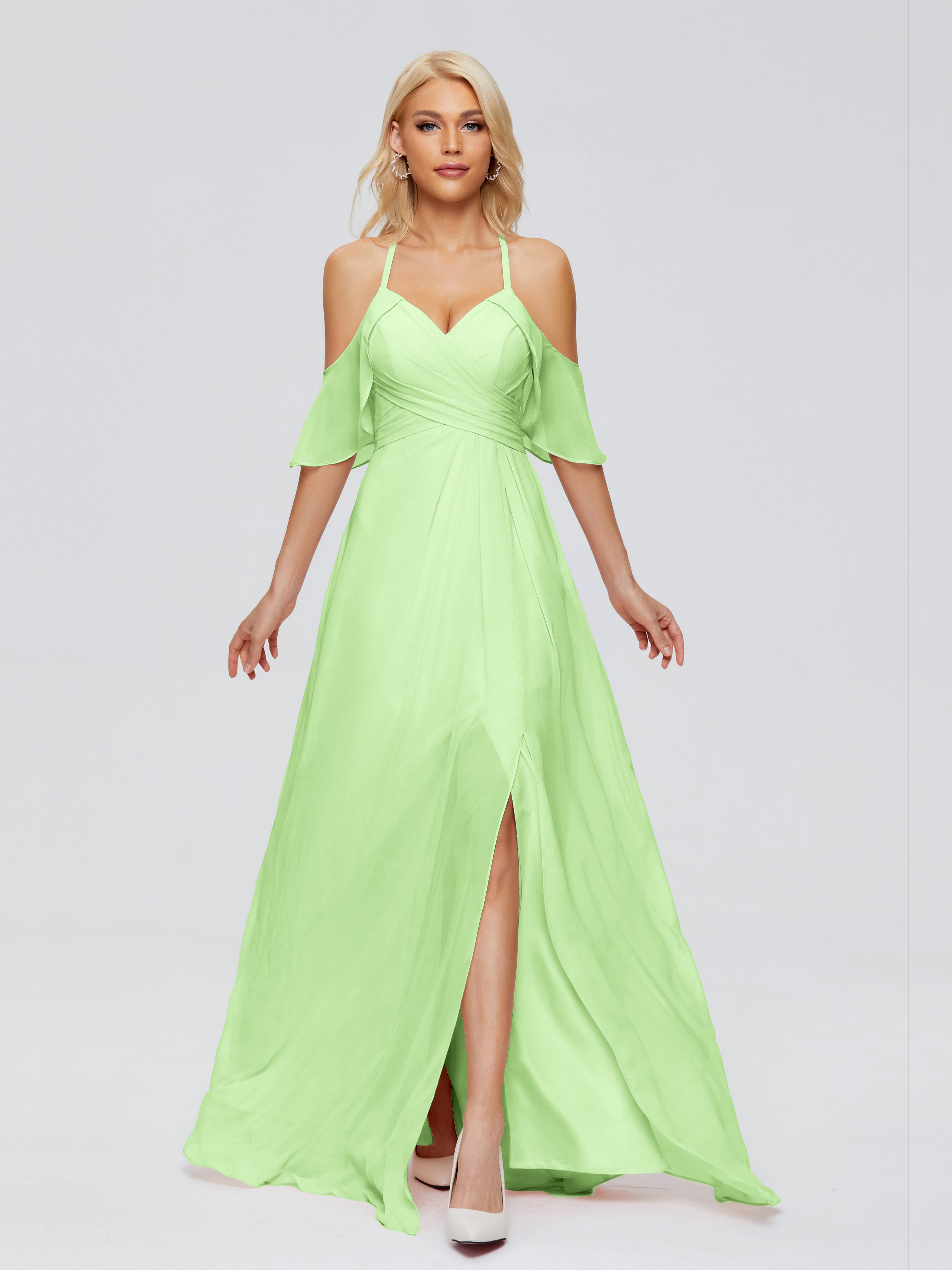 Robes De Demoiselle D'Honneur Vert Sauge Trapèze Fendue Devant Mousseline Robes Demoiselle D'Honneur