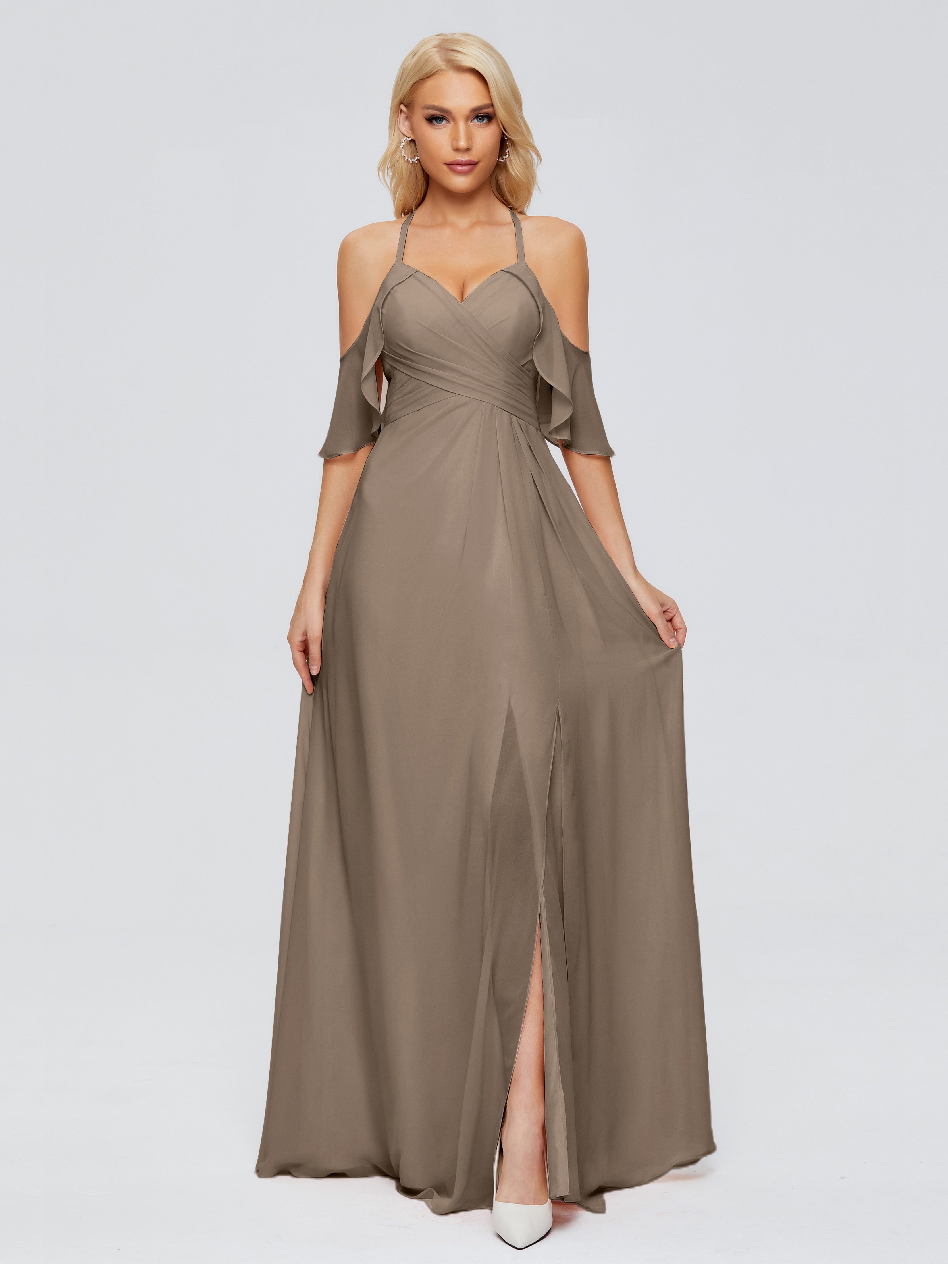 Robe Ceremonie Taupe Trapèze Fendue Devant Mousseline Robes Demoiselle D'Honneur