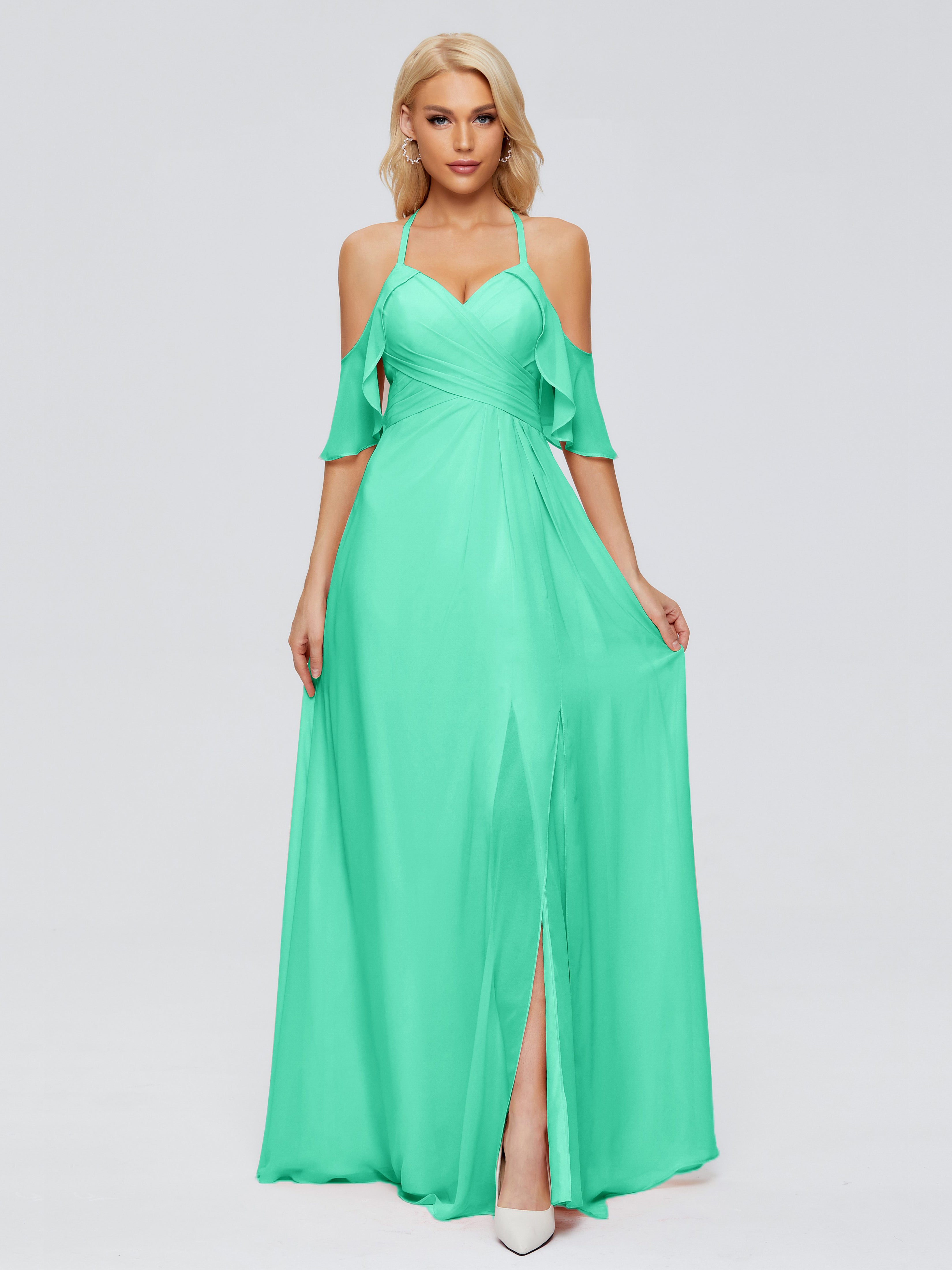 Robe Turquoise Demoiselle D Honneur Trapèze Fendue Devant Mousseline Robes Demoiselle D'Honneur
