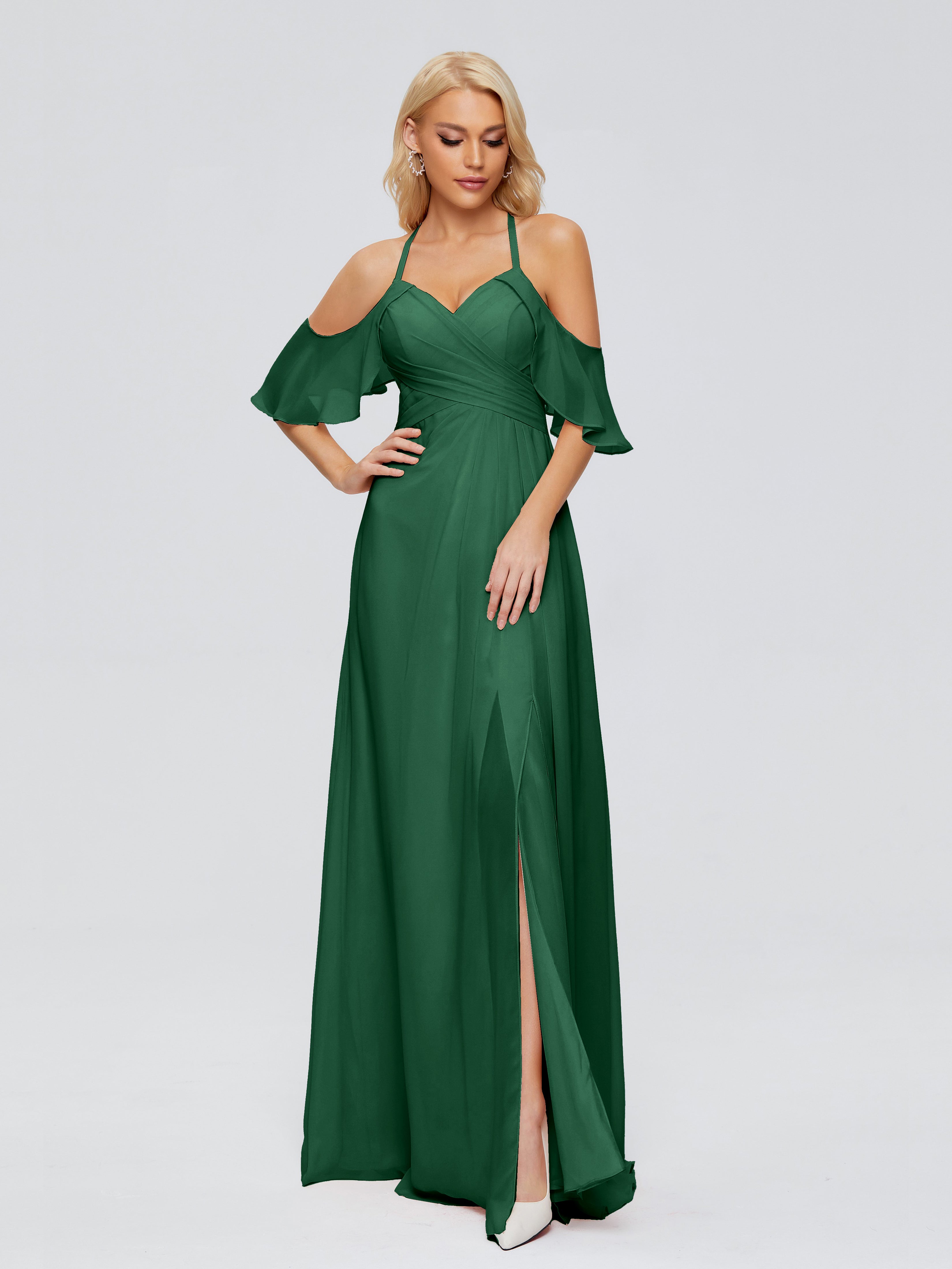 Robe Demoiselle D Honneur Vert Foncé Trapèze Fendue Devant Mousseline Robes Demoiselle D'Honneur