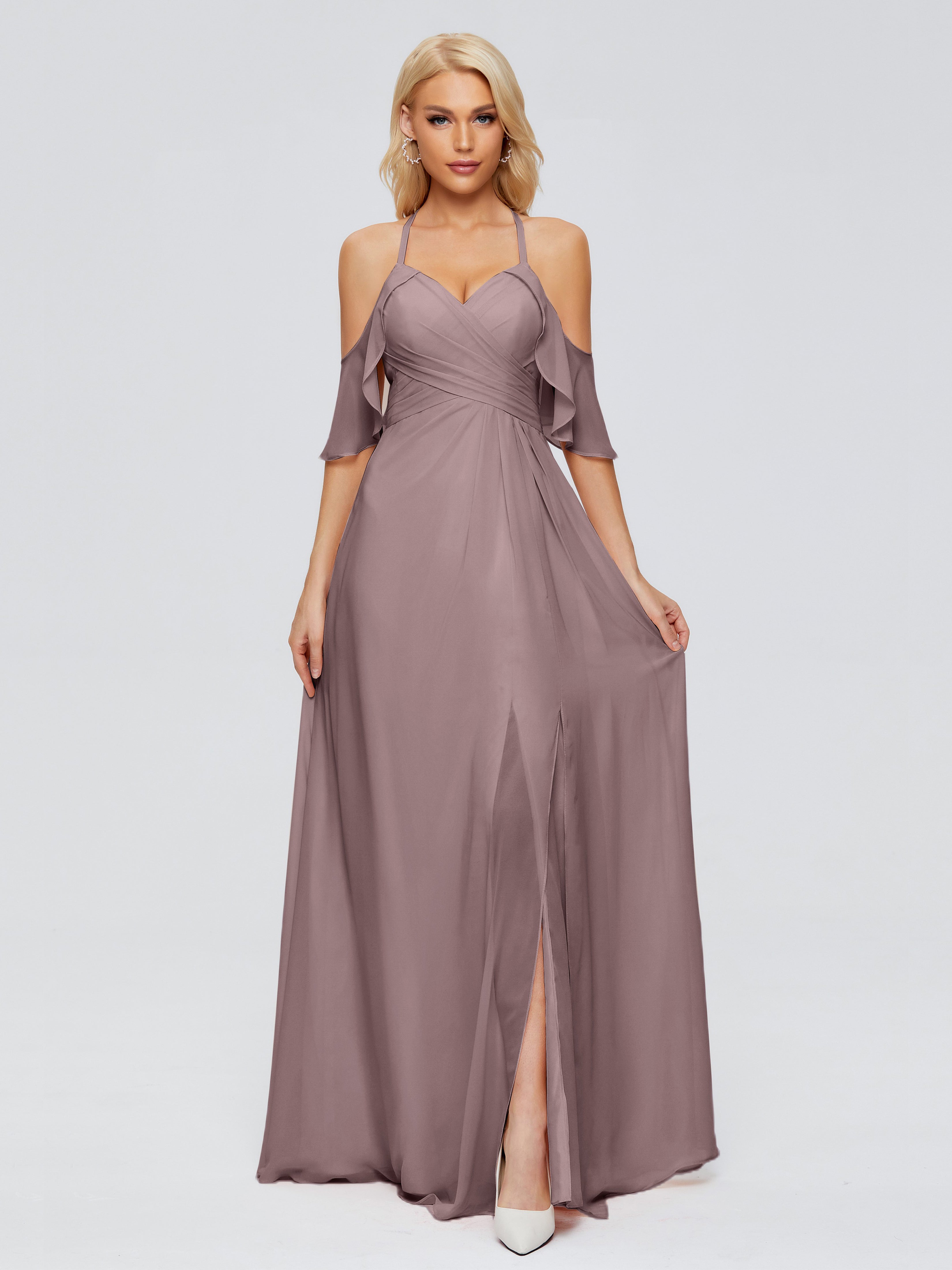 Robes De Demoiselle D'Honneur Mauve Foncé Trapèze Fendue Devant Mousseline Robes Demoiselle D'Honneur