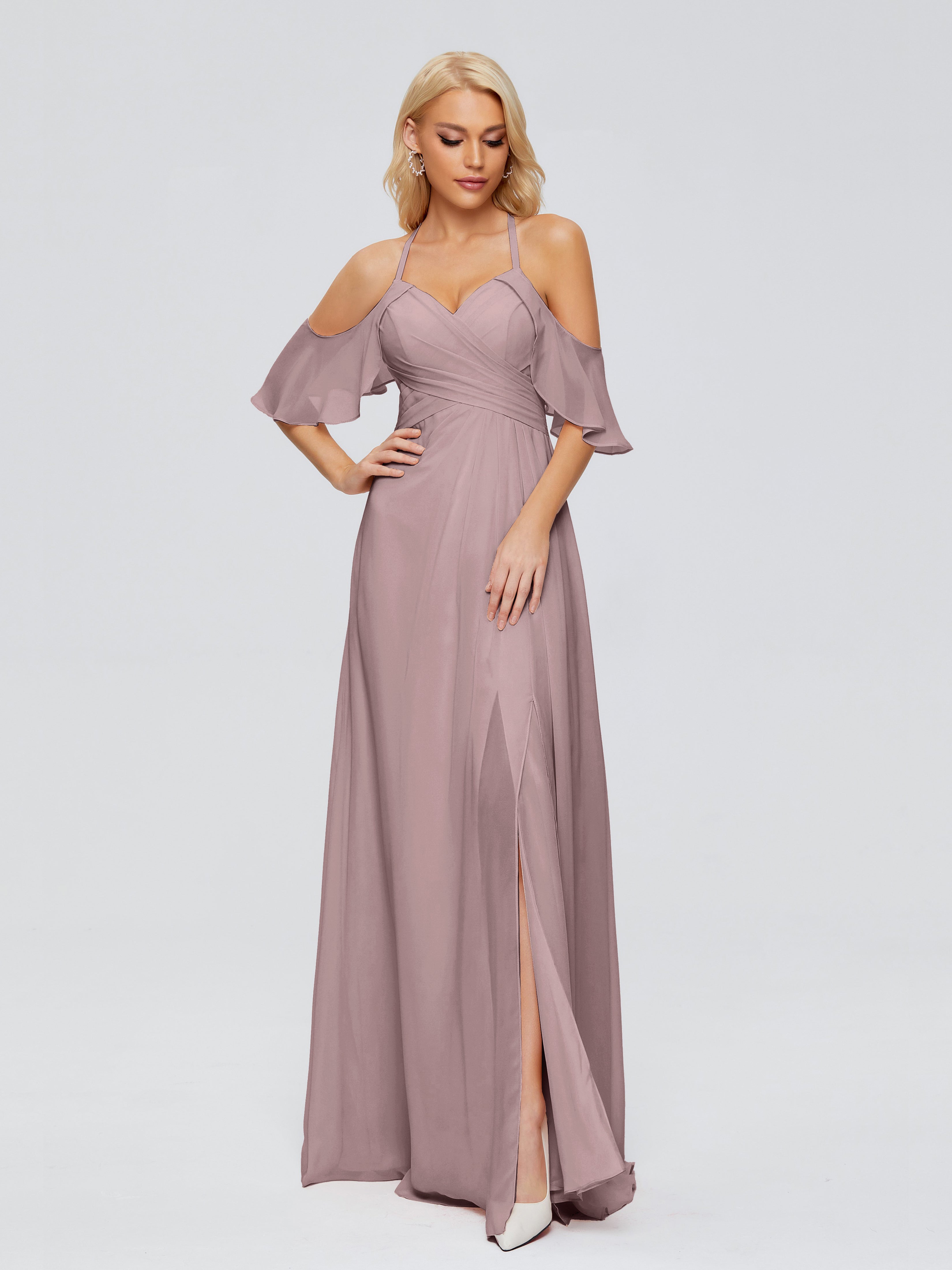 Robes De Demoiselle D'Honneur Mauve Foncé Trapèze Fendue Devant Mousseline Robes Demoiselle D'Honneur