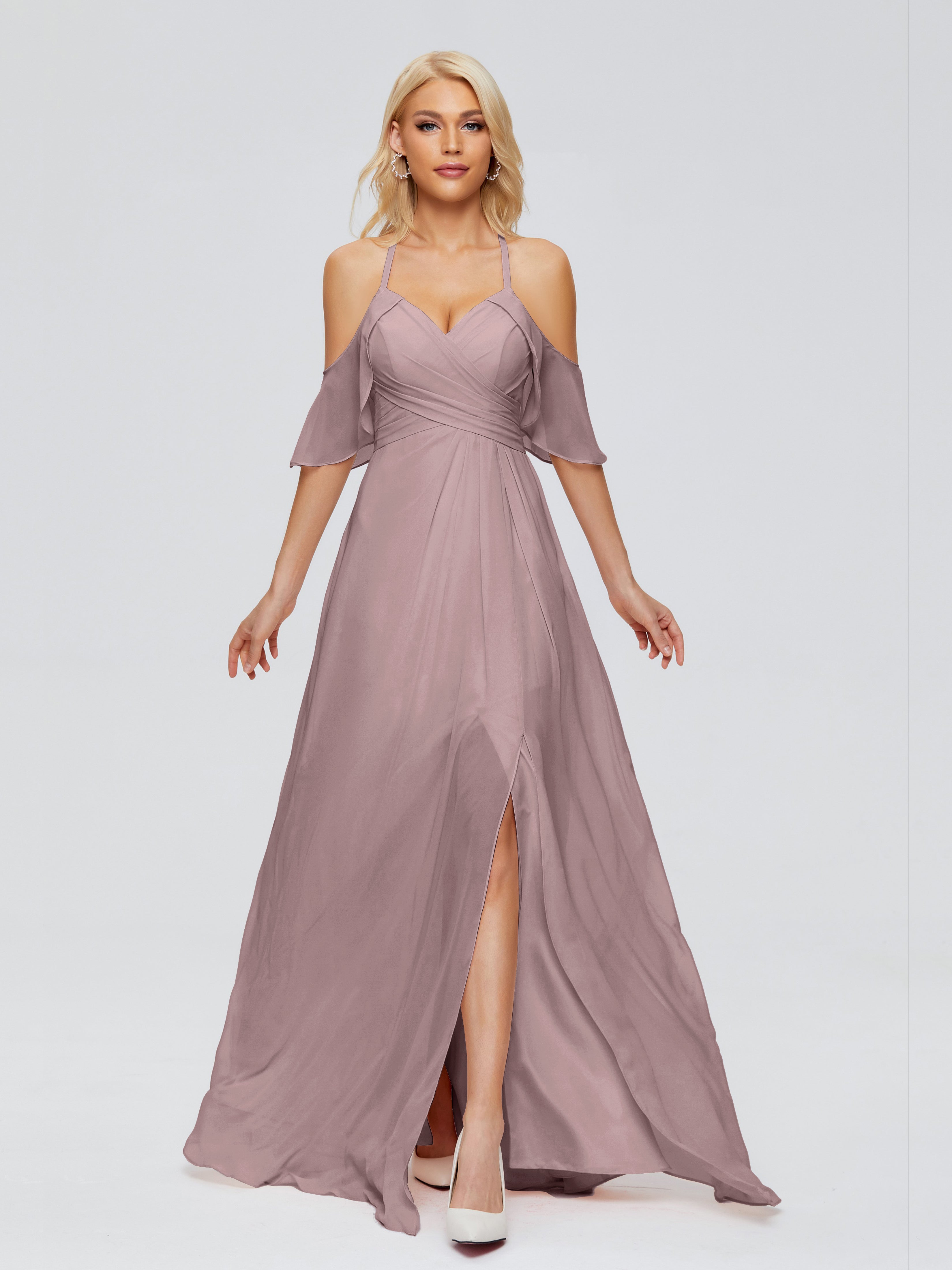 Robes De Demoiselle D'Honneur Mauve Foncé Trapèze Fendue Devant Mousseline Robes Demoiselle D'Honneur