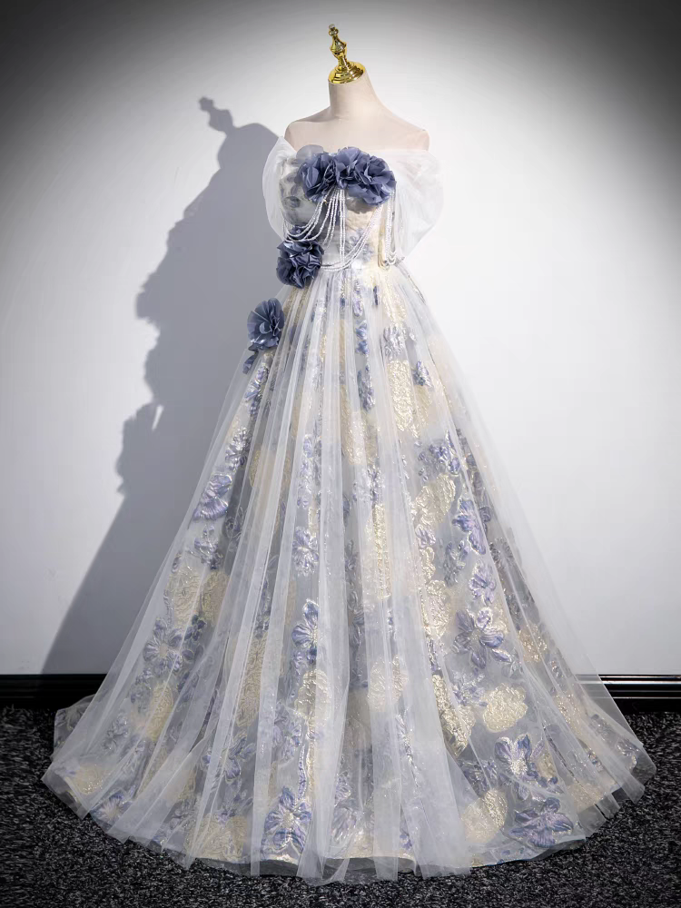 Princesse Col Droit Tulle Robe de Quinceanera Sans bretelles avec Manches amovibles en Dentelle imprimée