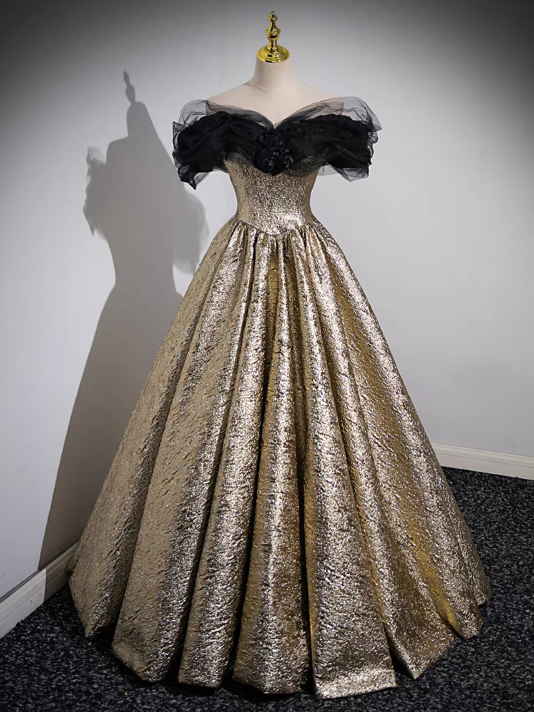 Robe de Quinceanera à Manches Courtes Vintage en Tulle noir et Paillettes d'or