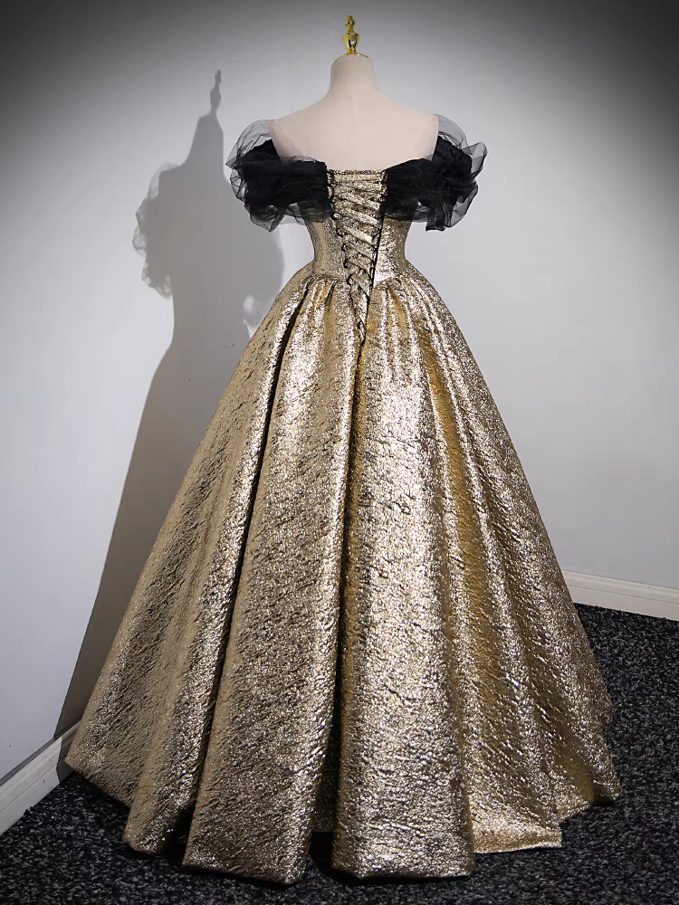 Robe de Quinceanera à Manches Courtes Vintage en Tulle noir et Paillettes d'or