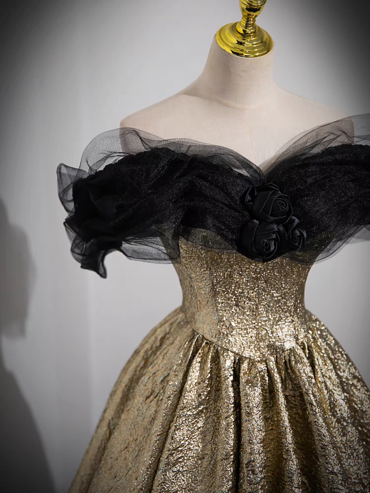 Robe de Quinceanera à Manches Courtes Vintage en Tulle noir et Paillettes d'or