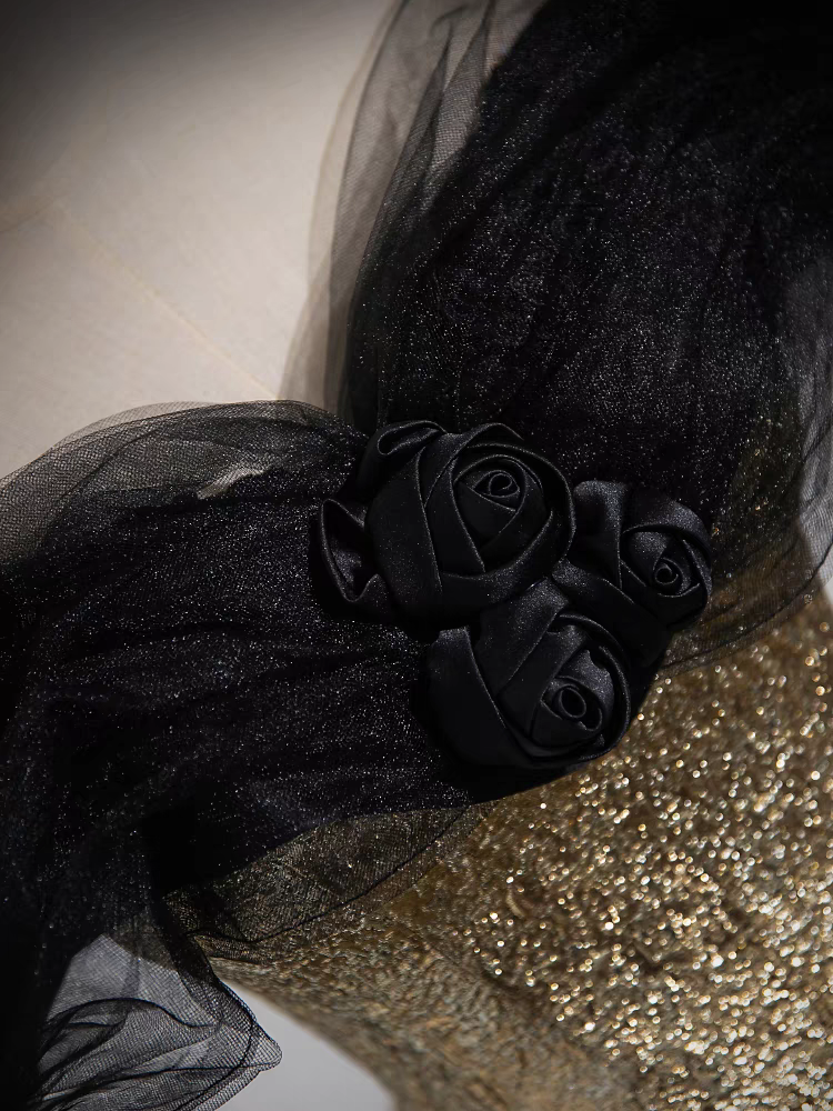 Robe de Quinceanera à Manches Courtes Vintage en Tulle noir et Paillettes d'or