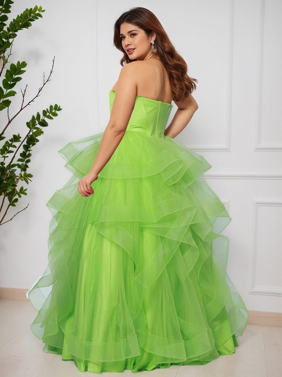 Cicinia Vert Citron Robe de Bal Princesse Longue Adorable à Décolleté Cœur en Tulle à Volants Superposés Grande Taille