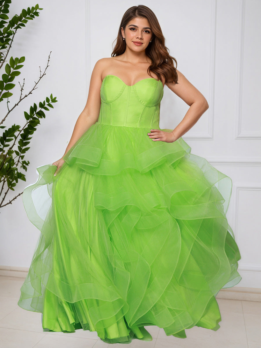 Cicinia Vert Citron Robe de Bal Princesse Longue Adorable à Décolleté Cœur en Tulle à Volants Superposés Grande Taille