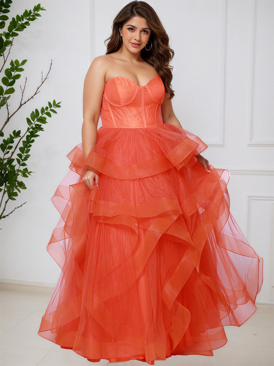 Cicinia Orange Robe de Bal Princesse Longue Adorable à Décolleté Cœur en Tulle à Volants Superposés Grande Taille