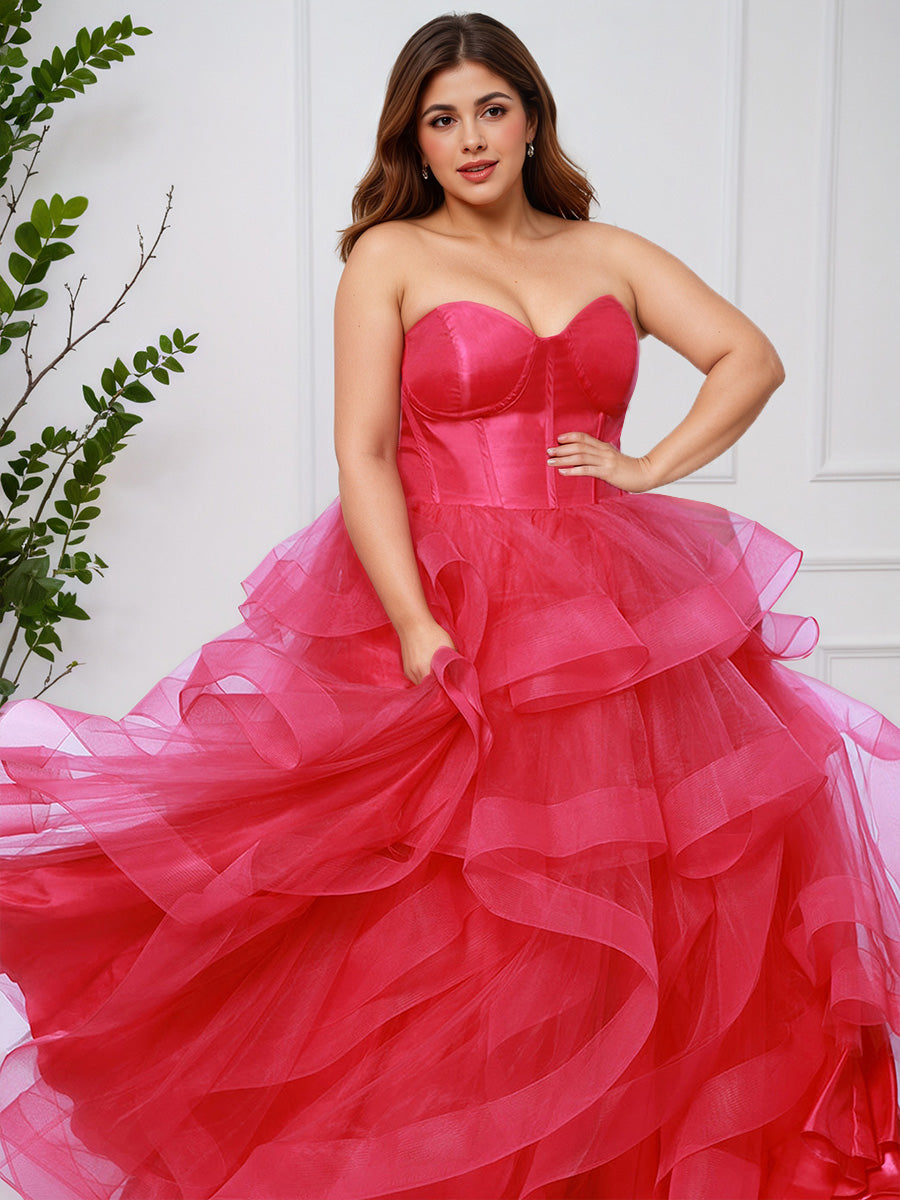 Cicinia FUCHSIA Robe de Bal Princesse Longue Adorable à Décolleté Cœur en Tulle à Volants Superposés Grande Taille