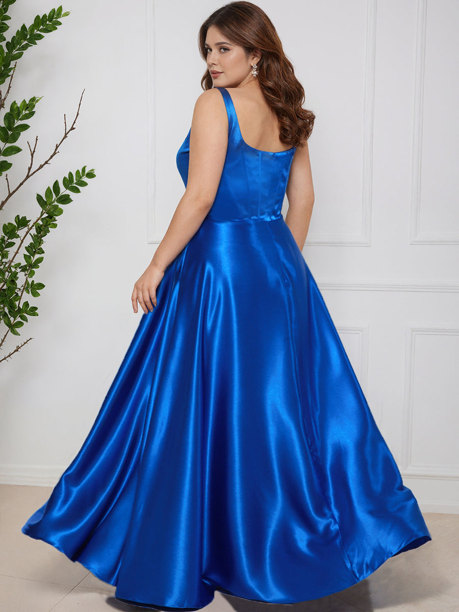 Cicinia BLEU_ROYALE Robe de Bal Longue Simple Col Carré Silhouette A-Ligne Grande Taille