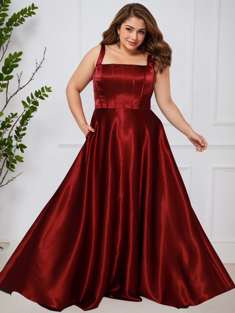Cicinia BORDEAUX Robe de Bal Longue Simple Col Carré Silhouette A-Ligne Grande Taille