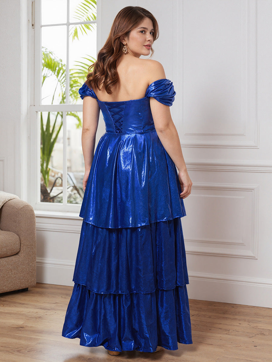 Cicinia Bleu Royal Robe de Bal Longue Traîne Épaules Dénudées Grande Taille
